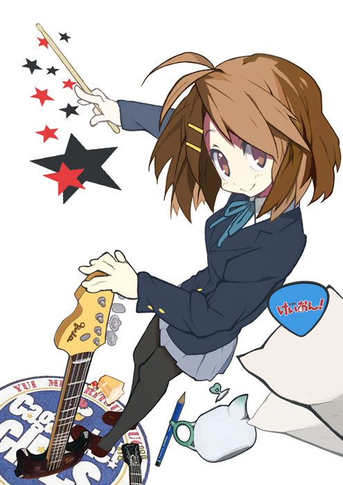 yuuki (irodo rhythm), yuuki (one world), hirasawa yui, k-on!, 00s, 1girl, bass guitar, brown eyes, brown hair, cake, drumsticks, female focus, food, foreshortening, from above, guitar, instrument, pantyhose, pastry, pencil, plectrum, school uniform, short hair, solo, star (symbol), teapot, wooden pencil