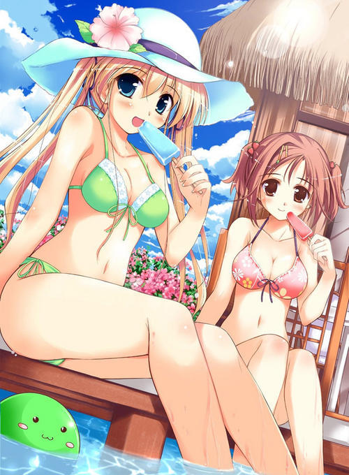 2girls, beach, blush, bra, breasts, brown eyes, brown hair, cleavage, green eyes, lingerie, multiple girls, navel, popsicle, short hair, sitting, smile, thighhighs, underwear