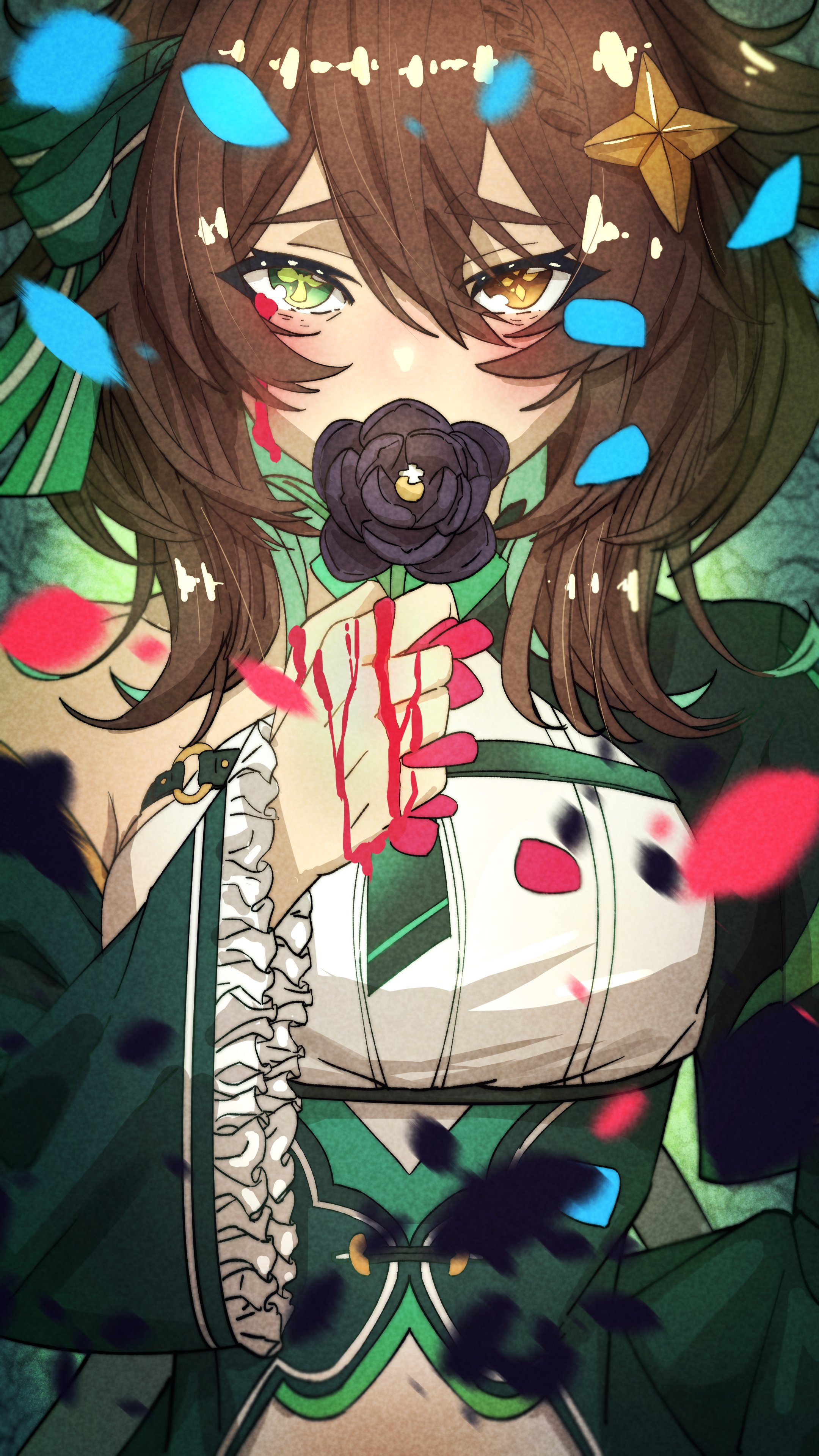 trebas, meica (vtuber), meica (vtuber) (1st costume), indie virtual youtuber, absurdres, alt text, commentary, highres, 1girl, black capelet, black flower, black rose, bleeding, blood, blood on hands, blue petals, blush, bow, brown eyes, brown hair, capelet, chest belt, colored inner hair, covered mouth, cross-shaped pupils, detached sleeves, dress, falling petals, flower, frilled sleeves, frills, frown, green bow, green dress, green eyes, green necktie, green sleeves, hair between eyes, hair bow, hair flaps, hair ornament, half capelet, hand up, heterochromia, holding, holding flower, looking at viewer, medium hair, mismatched pupils, multicolored hair, necktie, petals, red petals, rose, shirt, single-shoulder shirt, spanish commentary, sprout-shaped pupils, star (symbol), star hair ornament, symbol-shaped pupils, upper body, virtual youtuber, white shirt