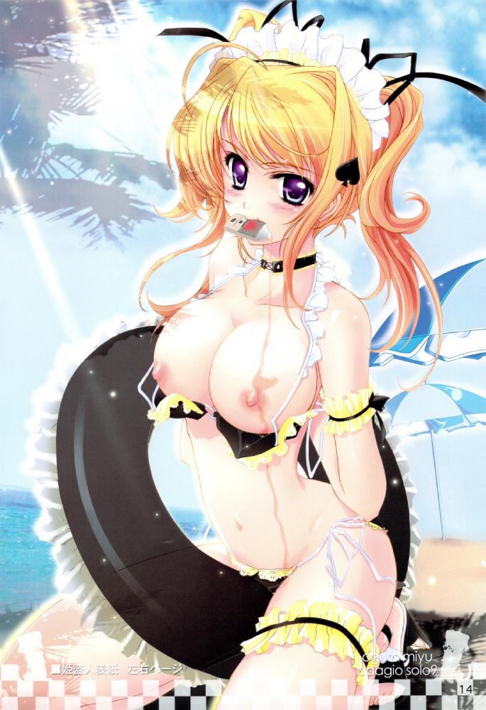 beach, bikini, blonde hair, breasts, innertube, large breasts, maid, purple eyes, swim ring, swimsuit