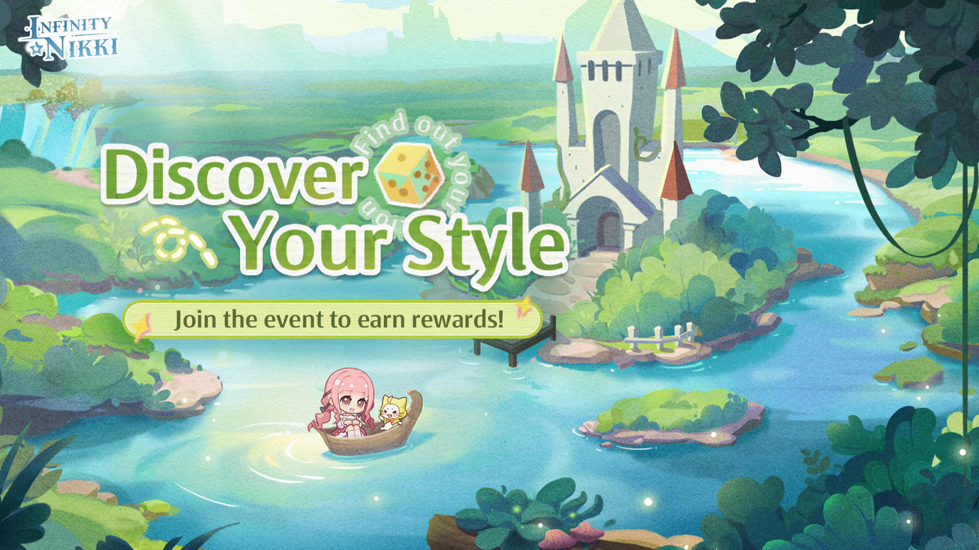 momo (nikki), nikki (nikki), perfect start (infinity nikki), infinity nikki, nikki (series), artist request, commentary, english commentary, highres, official art, second-party source, 1girl, = =, ahoge, animal, bare shoulders, black bow, black ribbon, blue sky, blunt bangs, boat, bow, bowtie, bra strap, brown eyes, castle, cat, chibi, choker, cloak, clothed animal, cloud, copyright logo, day, dice, ear covers, english text, eyelashes, fireflies, frilled shirt, frilled skirt, frills, hair bow, hair ribbon, hands on own knees, happy, hood, hood up, hooded cloak, kneehighs, knees up, lake, logo, long hair, long sidelocks, long sleeves, low twintails, miniskirt, mountainous horizon, off-shoulder shirt, off shoulder, open mouth, orange bow, orange bowtie, outdoors, pink choker, pink hair, pink skirt, plant, pleated skirt, puffy long sleeves, puffy sleeves, ribbon, ripples, scenery, shadow, shirt, sidelocks, sitting, skirt, sky, smile, socks, tareme, traditional bowtie, tree, tress ribbon, twintails, very long hair, vines, watercraft, wavy hair, whiskers, white cat, white shirt, white socks, yellow cloak