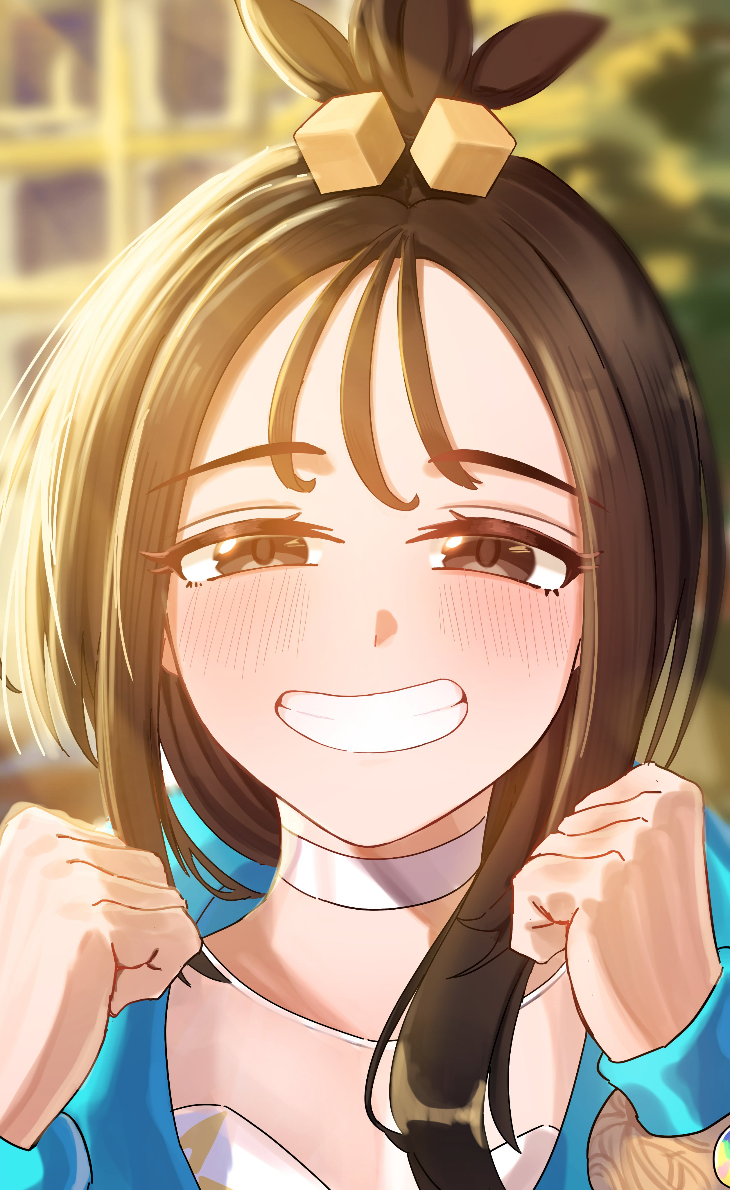 chestnutj37, lida (pokemon), nintendo, pokemon, pokemon legends: z-a, absurdres, commentary request, highres, 1girl, blue hoodie, blurry, blurry background, blush, bracelet, brown eyes, brown hair, choker, cube hair ornament, eyelashes, grin, hair ornament, happy, hood, hoodie, jewelry, long hair, long sleeves, looking at viewer, smile, solo, teeth, topknot, upper body, white choker