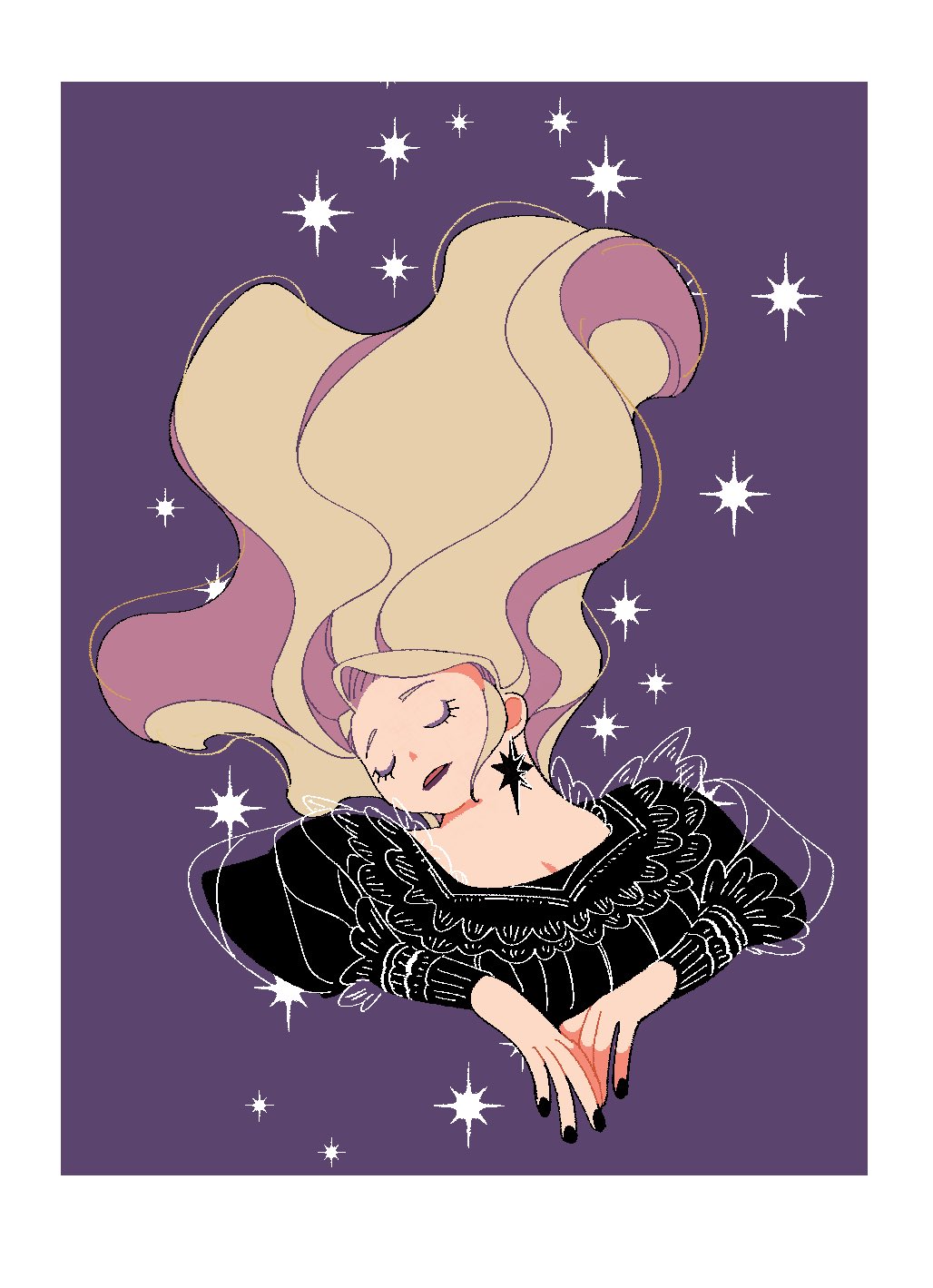 tweetyq1961, commentary, highres, 1girl, 3itches, black dress, black nails, border, closed eyes, dress, earrings, eyelashes, eyeshadow, floating hair, hair up, jewelry, long hair, makeup, olivia (3itches), purple background, purple eyeshadow, simple background, solo, sparkle, upper body, white border