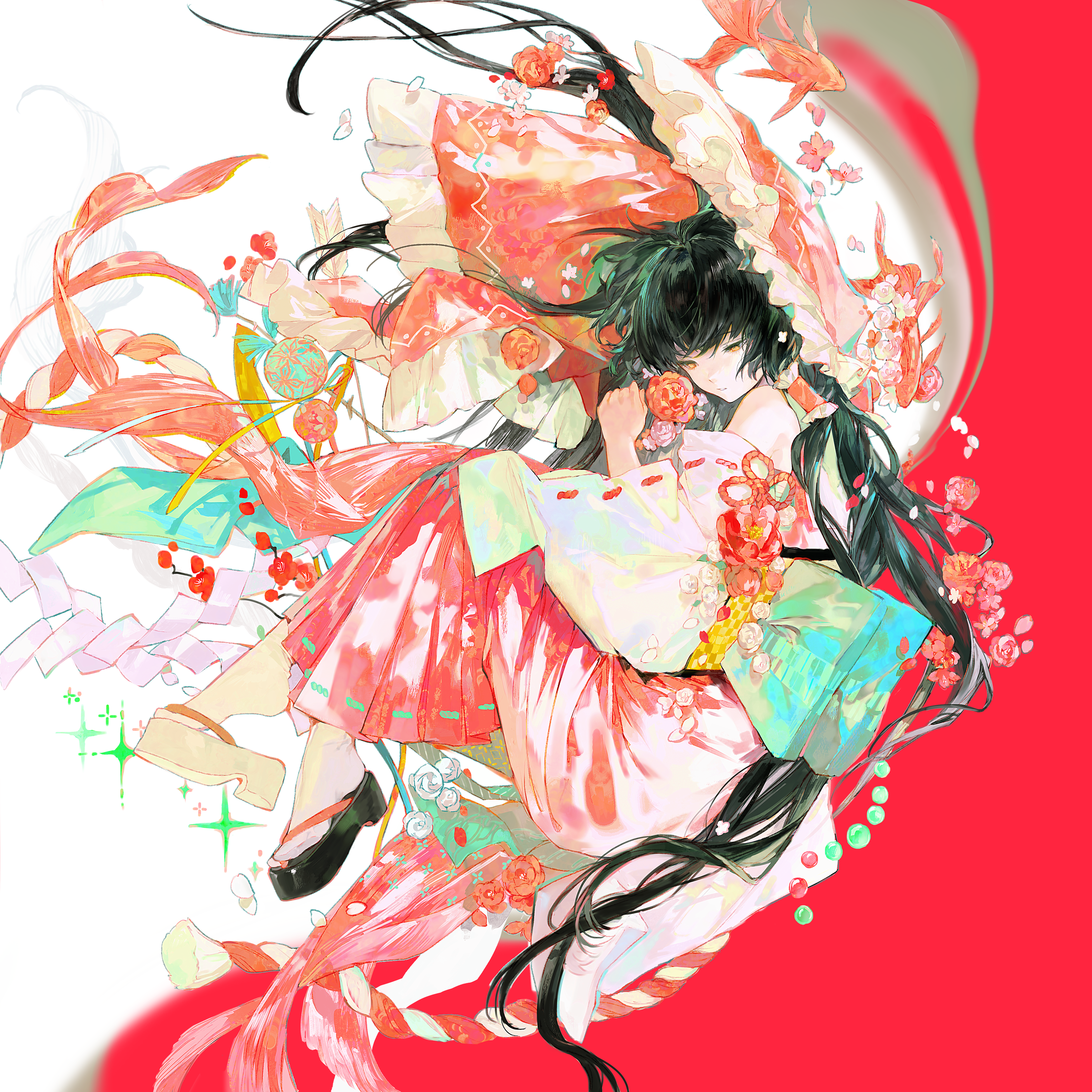 cui suika, hakurei reimu, touhou, absurdres, chinese commentary, commentary request, highres, 1girl, asymmetrical footwear, black hair, bow, detached sleeves, fish, flower, frilled bow, frilled hair tubes, frills, from side, full body, gohei, goldfish, hair bow, hair flower, hair ornament, hair tubes, hakama, japanese clothes, kouhaku nawa, long hair, miko, mismatched footwear, okobo, parted lips, platform sandals, red bow, red hakama, ribbon-trimmed sleeves, ribbon trim, rope, sandals, shimenawa, socks, solo, tabi, very long hair, white socks, wide sleeves, yellow eyes