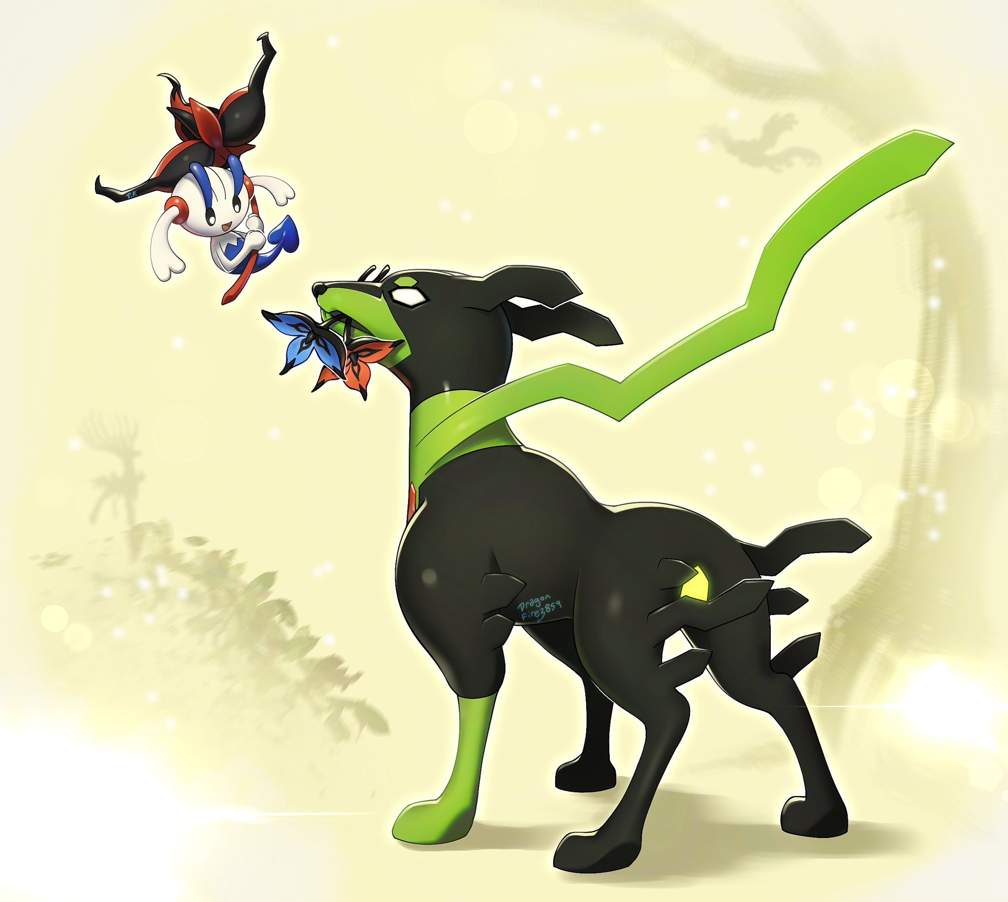 floette, floette (eternal), zygarde, nintendo, pokemon, pokemon legends: z-a, commentary, english commentary, highres, artist name, black flower, blue flower, dragonfire3859, empty eyes, floating, flower, flower in mouth, full body, gen 6 pokemon, holding, holding flower, legendary pokemon, pokemon (creature), pokemon focus, red flower, zygarde (10)