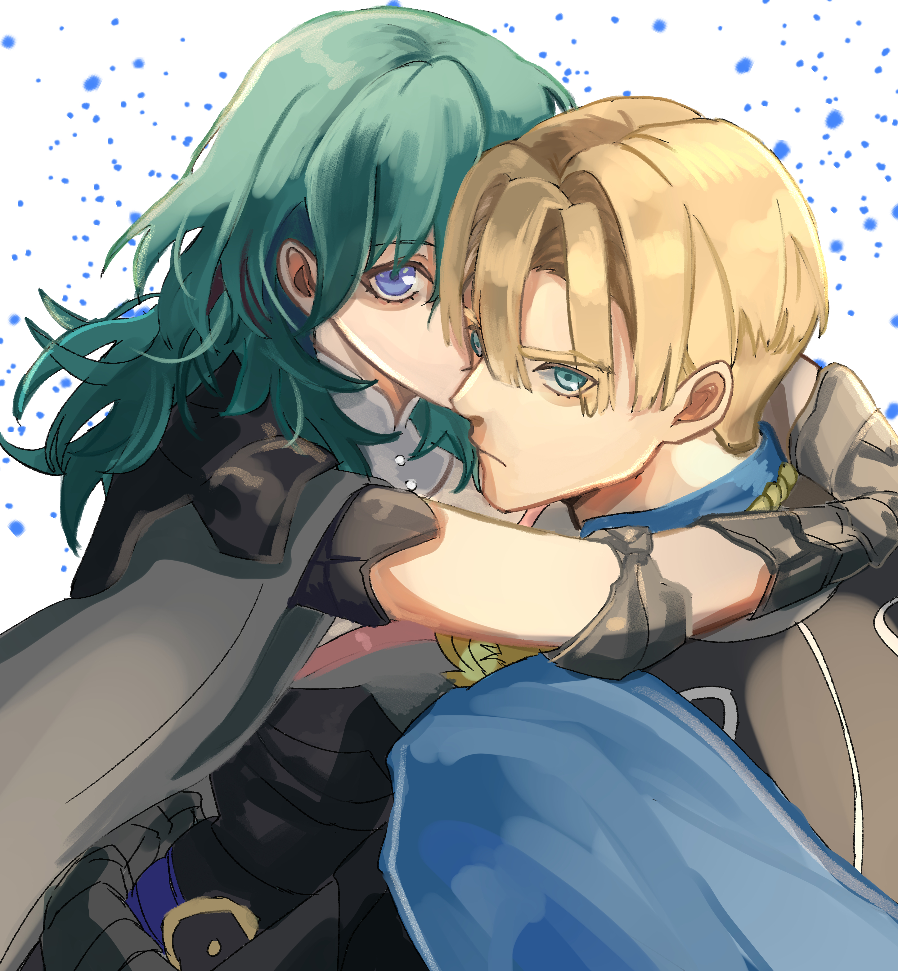 dimitri alexandre blaiddyd, female byleth (fire emblem), fire emblem, fire emblem: three houses, nintendo, absurdres, highres, 1boy, 1girl, armor, armored gloves, arms around neck, blonde hair, blue cloak, blue eyes, breasts, cloak, couple, elbow pads, green hair, grey cloak, hair between eyes, hetero, hug, large breasts, light frown, looking at viewer, parted bangs, rino han, shoulder armor, sketch, upper body