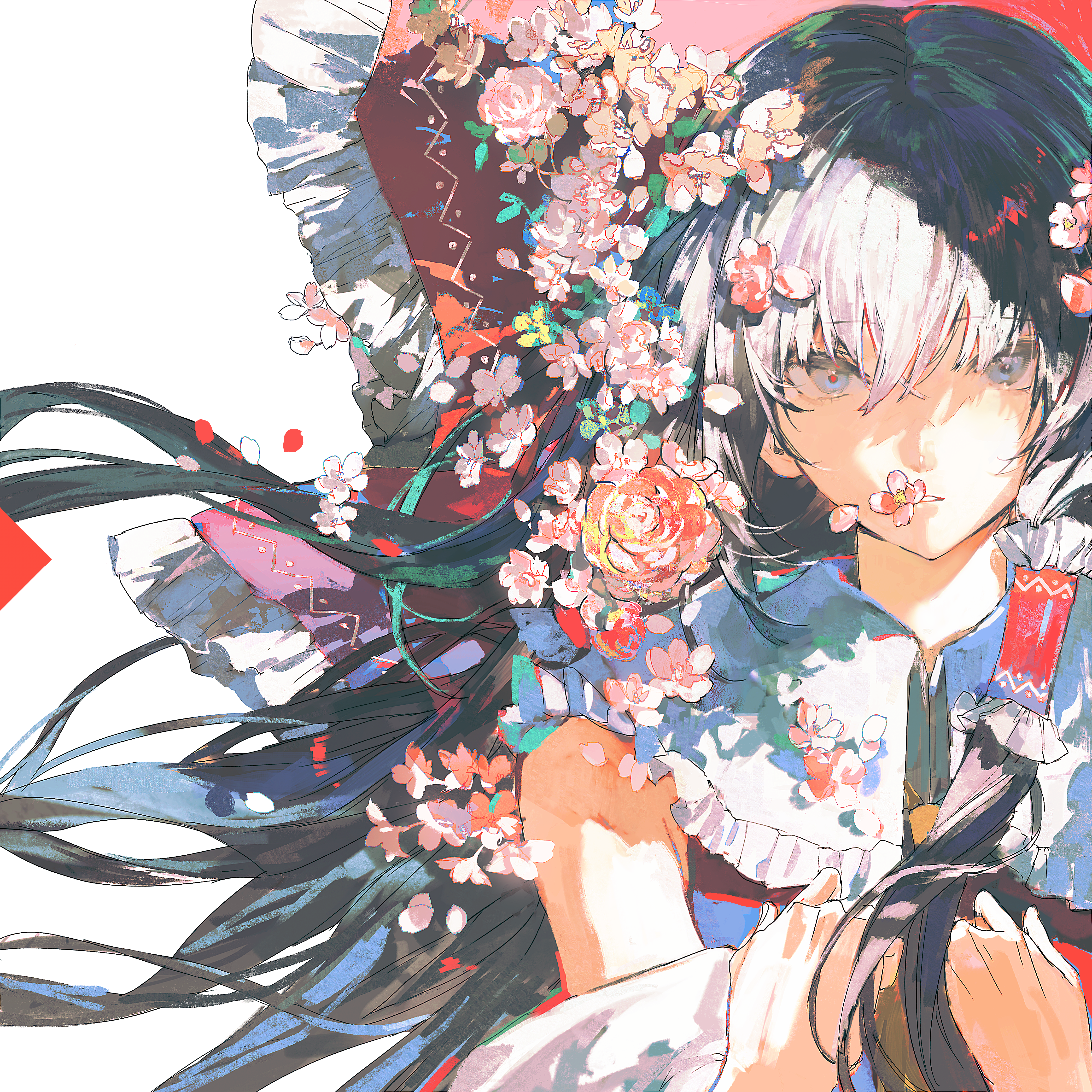 cui suika, hakurei reimu, touhou, absurdres, chinese commentary, commentary request, flower request, highres, mixed-language commentary, 1girl, ascot, blue eyes, bow, brown hair, detached sleeves, falling flower, flower, frilled bow, frilled hair tubes, frills, hair bow, hair tubes, long hair, looking at viewer, pink flower, red bow, simple background, solo, very long hair, white background, yellow ascot