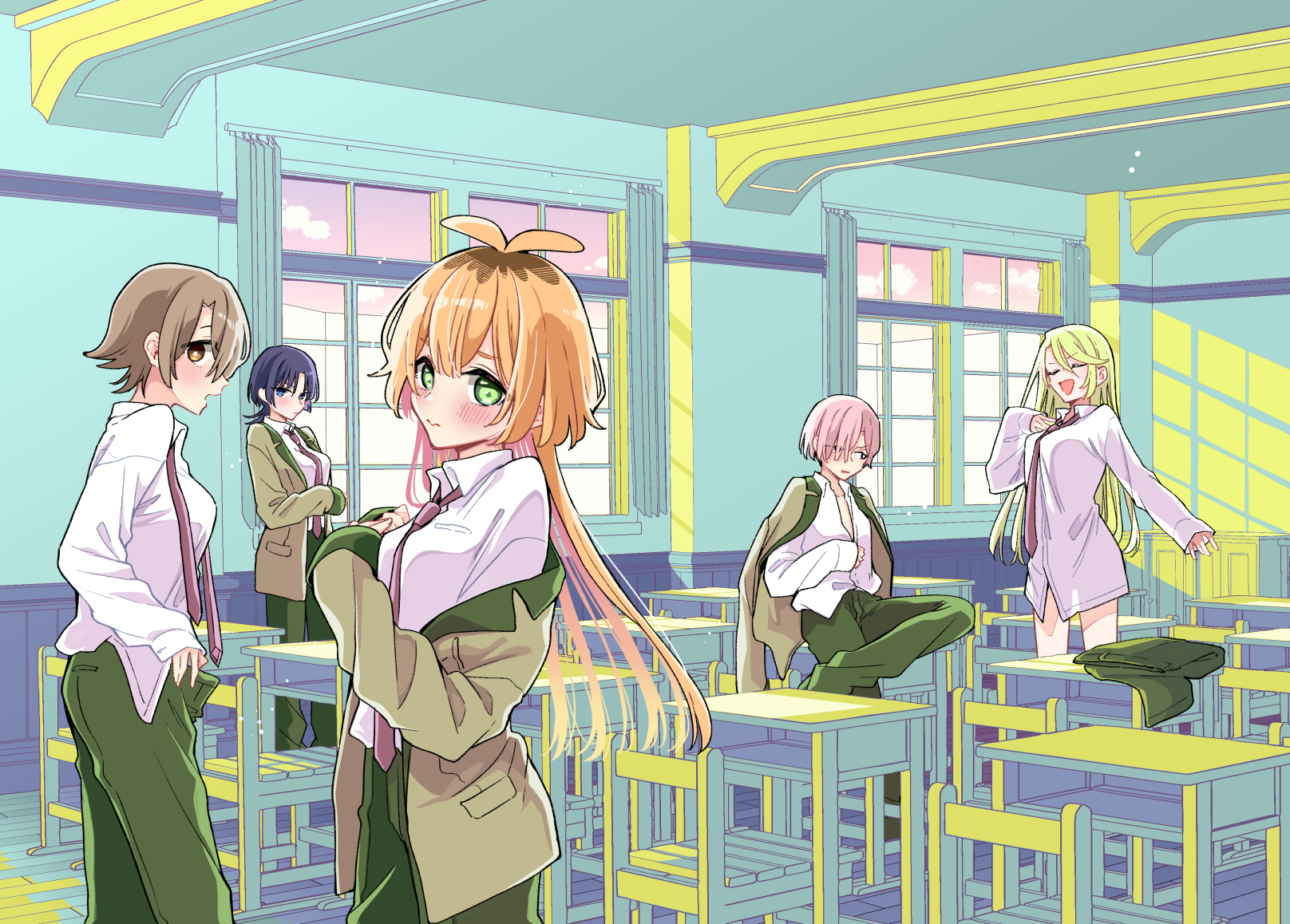 asazuki norito, character request, commentary request, highres, official art, textless version, 5girls, antenna hair, blazer, blonde hair, blush, breasts, brown eyes, brown hair, brown jacket, chair, classroom, closed eyes, closed mouth, collared shirt, cover, cover page, crossdressing, crossdressing (ftm), desk, genderswap, genderswap (mtf), green eyes, green pants, hand on own chest, indoors, jacket, jacket on shoulders, kimi no negai ga kanau made, long hair, long sleeves, looking at viewer, manga cover, medium breasts, multiple girls, necktie, no pants, open mouth, pants, pink hair, purple hair, red necktie, school chair, school desk, school uniform, shirt, shishidou minto, short hair, sitting, standing, undone necktie, undressing, unworn pants, wavy mouth, white shirt, window, window shadow
