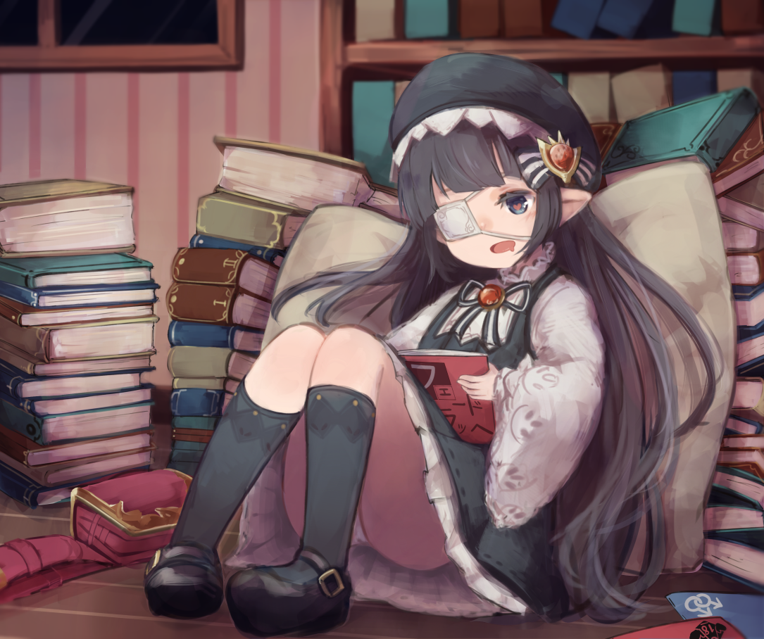 makihitsuji, lunalu (granblue fantasy), granblue fantasy, commentary request, 1girl, black hair, black hat, black shoes, black socks, book, book stack, bookshelf, eyepatch, harvin, hat, heart, heart-shaped pupils, holding, holding book, kneehighs, long hair, long sleeves, medical eyepatch, open book, panties, pantyshot, pointy ears, reading, shoes, sidelocks, socks, solo, symbol-shaped pupils, underwear, window