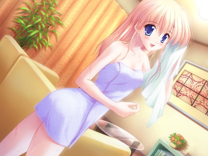 blonde hair, blue eyes, blush, happy, long hair, looking at viewer, thighhighs, towel, turning head