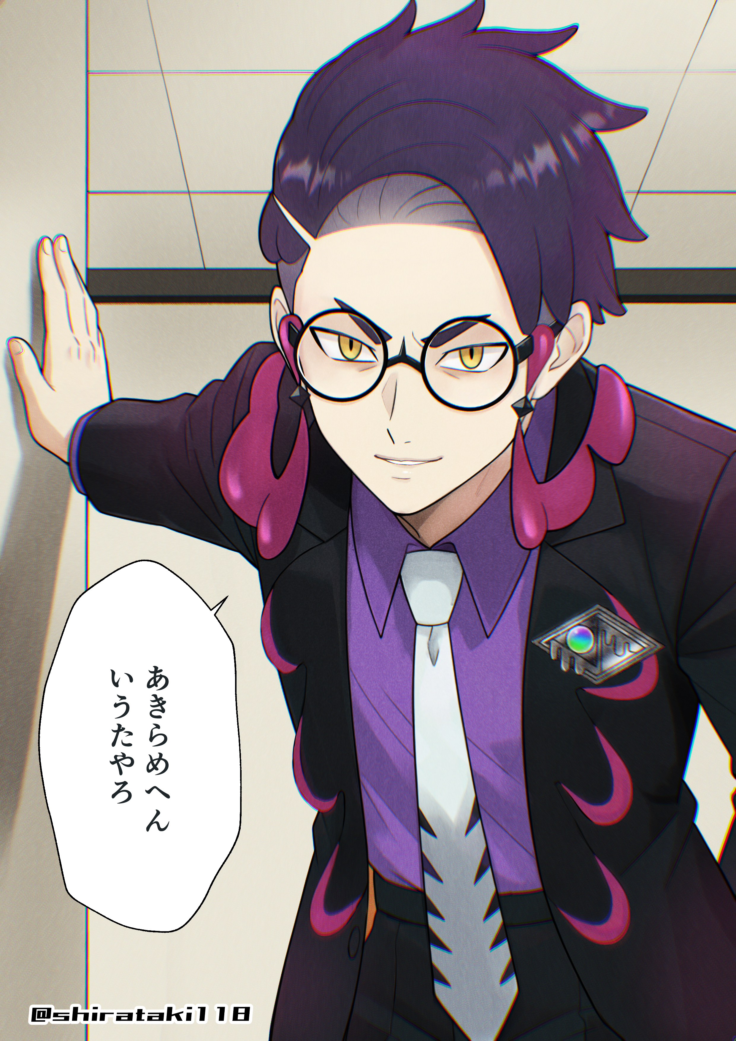 shirataki118, corbeau (pokemon), nintendo, pokemon, pokemon legends: z-a, absurdres, commentary request, highres, translation request, 1boy, black-framed eyewear, black jacket, black pants, chromatic aberration, collared shirt, indoors, jacket, long sleeves, male focus, necktie, open clothes, open jacket, pants, purple hair, purple shirt, round eyewear, shirt, short hair, smile, solo, speech bubble, twitter username, watermark, white necktie, yellow eyes