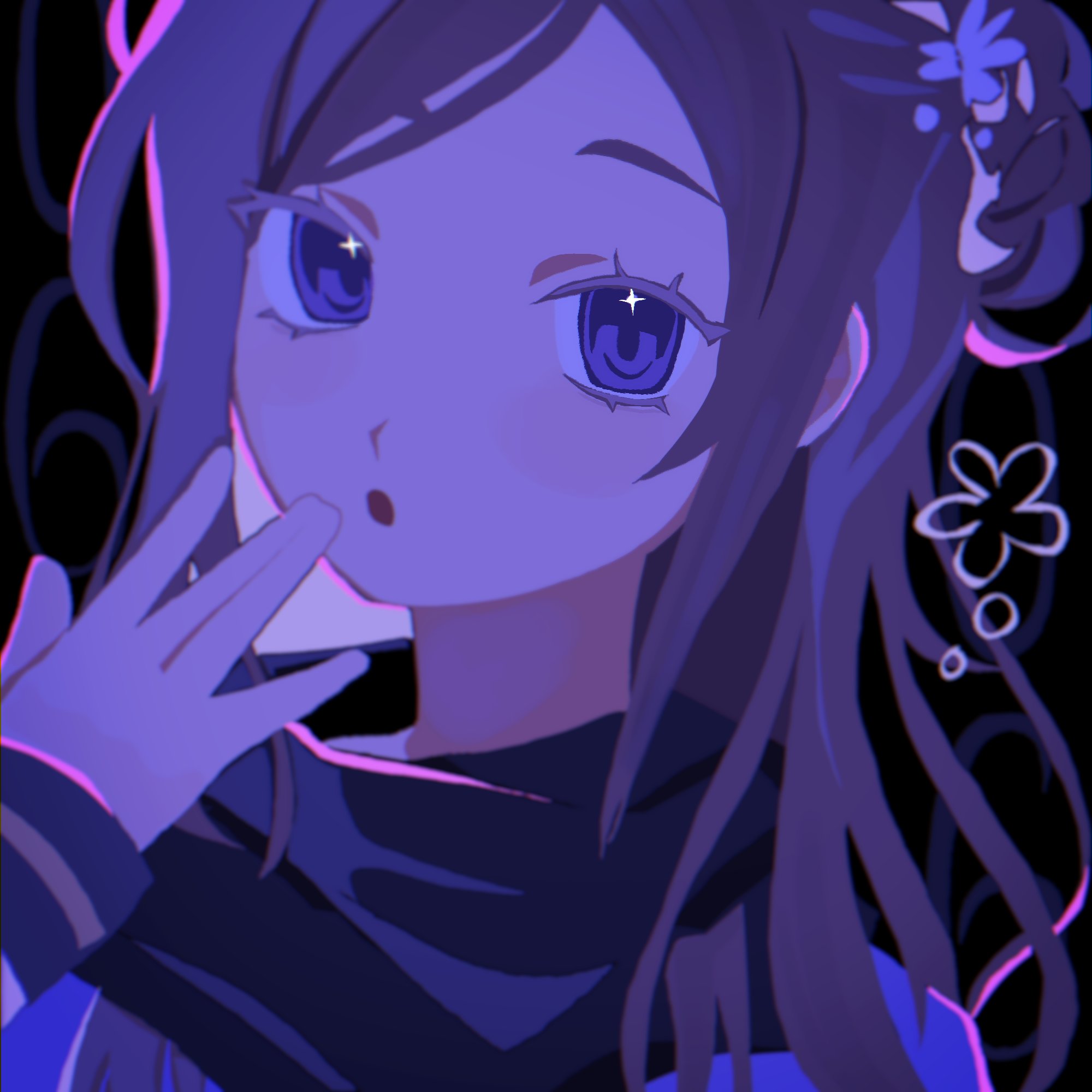 kurashiki akane, kyokugen dasshutsu, kyokugen dasshutsu: 9 jikan 9 nin 9 no tobira, commentary, english commentary, highres, 1girl, :o, aly (busydizzynlazy), black background, eyelashes, long hair, open mouth, portrait, purple eyes, solo