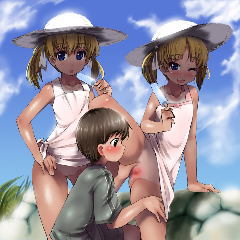 abubu, straight shota, 1boy, 2girls, blonde hair, blue eyes, blush, bottomless, censored, food, loli, multiple girls, no panties, one eye closed, outdoors, popsicle, pussy, shota, siblings, spread legs, spread pussy, standing, standing on one leg, tan, tanline, twins, twintails, wink