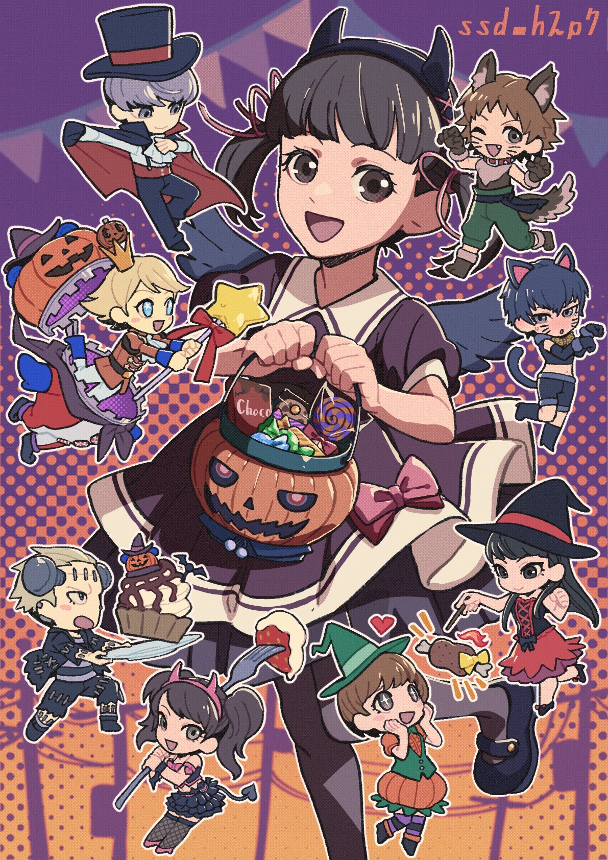 ssd h2p7, amagi yukiko, doujima nanako, hanamura yousuke, kujikawa rise, kuma (persona 4), narukami yu, satonaka chie, shirogane naoto, tatsumi kanji, persona, persona 4, commentary request, highres, 4boys, 5girls, :d, black shoes, black wings, blunt bangs, brown eyes, brown hair, brown pantyhose, candy, chibi, chibi inset, chocolate, chocolate bar, dress, everyone, fake horns, food, foot out of frame, gradient background, hairband, halloween, halloween costume, holding, holding pumpkin, horn hairband, horns, jack-o'-lantern, layered dress, lollipop, looking at viewer, mary janes, multiple boys, multiple girls, open mouth, orange background, pantyhose, pumpkin, purple background, purple dress, shoes, short sleeves, short twintails, smile, standing, swirl lollipop, twintails, twitter username, two-tone background, wings