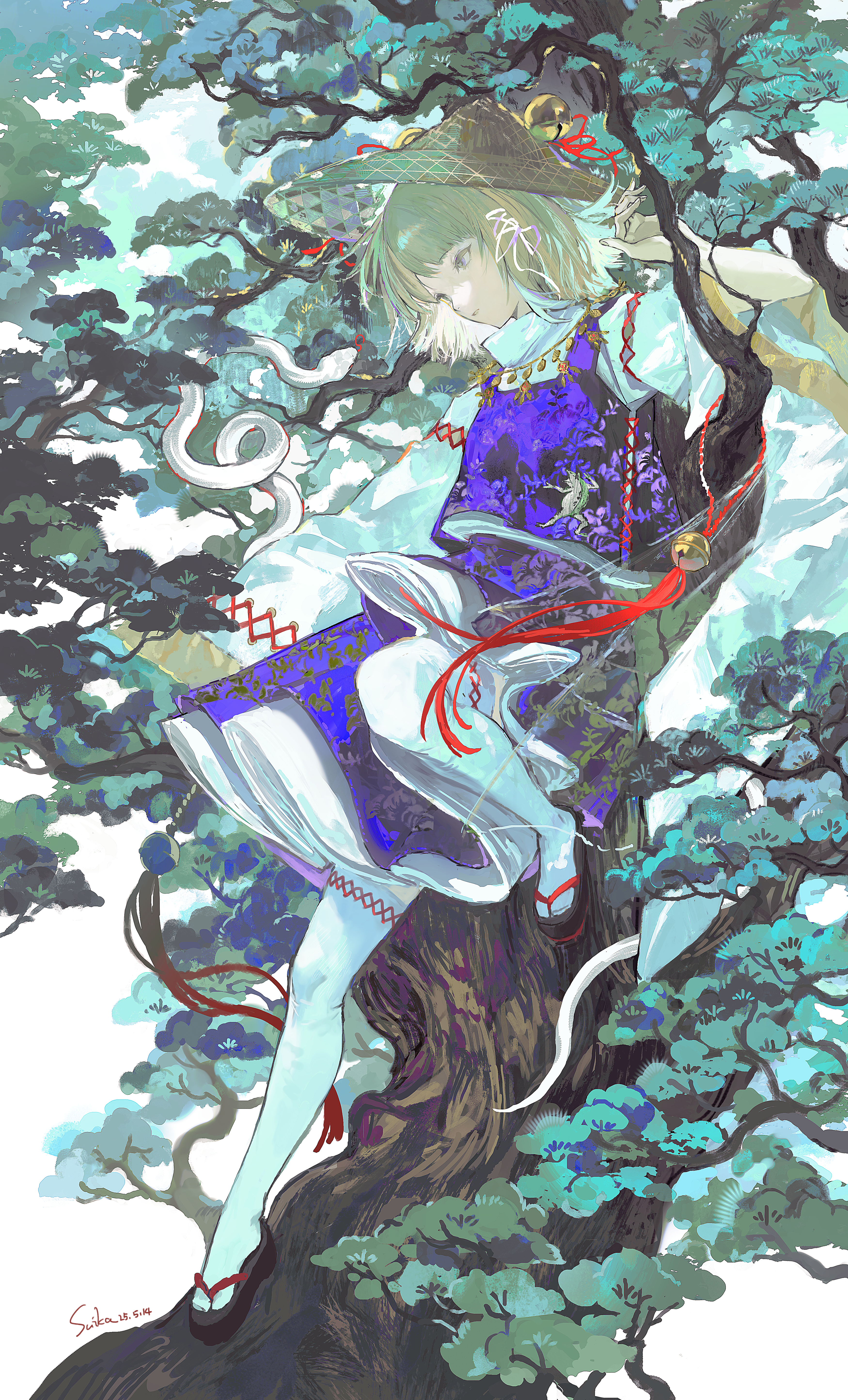 cui suika, mishaguji, moriya suwako, touhou, absurdres, chinese commentary, commentary request, highres, 1girl, alternate headwear, animal print, bell, black sandals, blonde hair, brown hat, frog print, hair ribbon, hat, jingle bell, long hair, long sleeves, purple skirt, purple vest, ribbon, sandals, skirt, skirt set, snake, solo, standing, thighhighs, tree, vest, white ribbon, white snake, white thighhighs, wide sleeves, yellow eyes