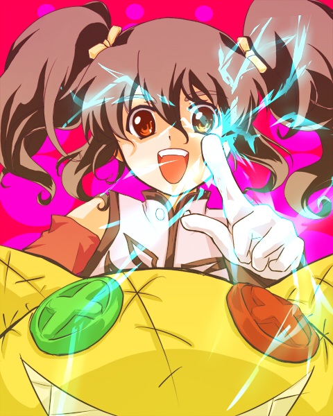 kurage (053028), anise tatlin, tokunaga (tales), tales of (series), tales of the abyss, bad id, bad pixiv id, 00s, 1girl, brown eyes, brown hair, female focus, gloves, magic, smile, solo, twintails