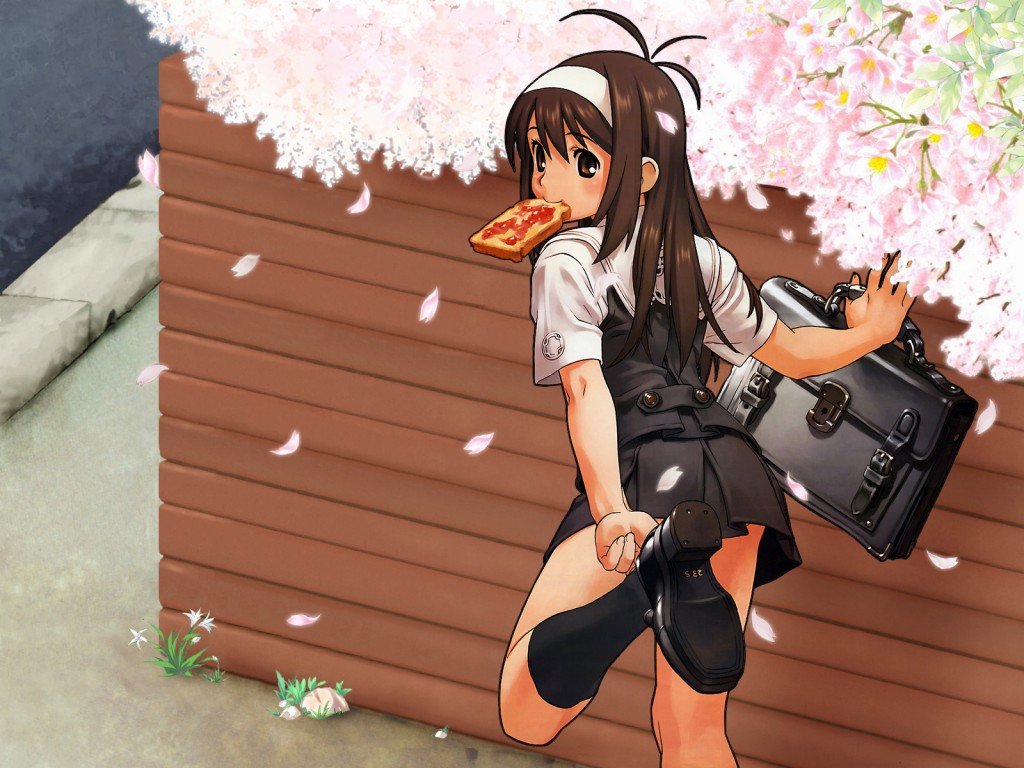 tanaka kunihiko, wall, 1girl, against wall, ahoge, antenna hair, bag, bread, bread slice, brown eyes, brown hair, cherry blossoms, female focus, food, food in mouth, hairband, kneehighs, leaning, looking back, mouth hold, outdoors, petals, putting on footwear, school bag, school uniform, socks, solo, standing, standing on one leg, toast, toast in mouth