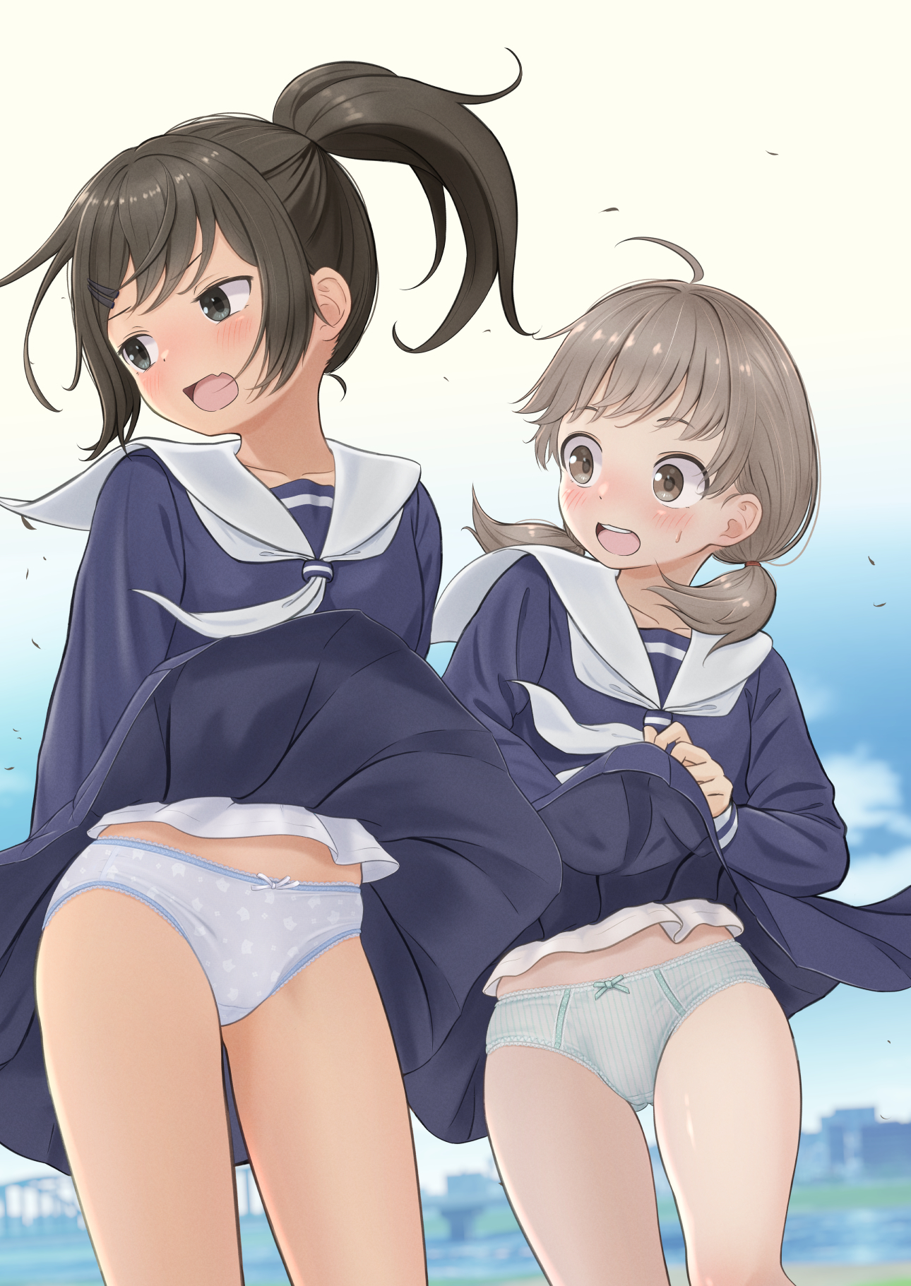 tanakaminos, original, commentary request, highres, 2girls, ahoge, animal print, blue serafuku, blue shirt, blue skirt, blurry, blurry background, blush, bow, bow panties, brown eyes, brown hair, cat panties, cat print, clothes lift, collarbone, cowboy shot, crotch seam, day, depth of field, fang, grey hair, hair ornament, hairclip, long sleeves, looking to the side, low twintails, medium hair, multiple girls, neckerchief, open mouth, outdoors, panties, pantyshot, parallel hairclips, picot trim panties, pleated skirt, ponytail, print panties, sailor collar, school uniform, serafuku, shirt, skin fang, skirt, skirt lift, striped clothes, striped panties, swept bangs, turning head, twintails, underwear, vertical-striped clothes, vertical-striped panties, white neckerchief, white panties, white sailor collar, wind, wind lift, wispy bangs