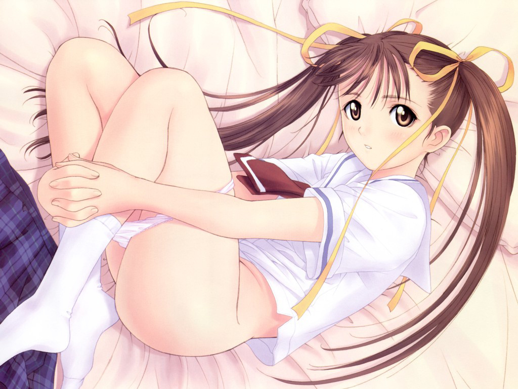 tony taka, blush, brown eyes, brown hair, hair ribbon, long hair, lying, ribbon, school uniform, thighhighs