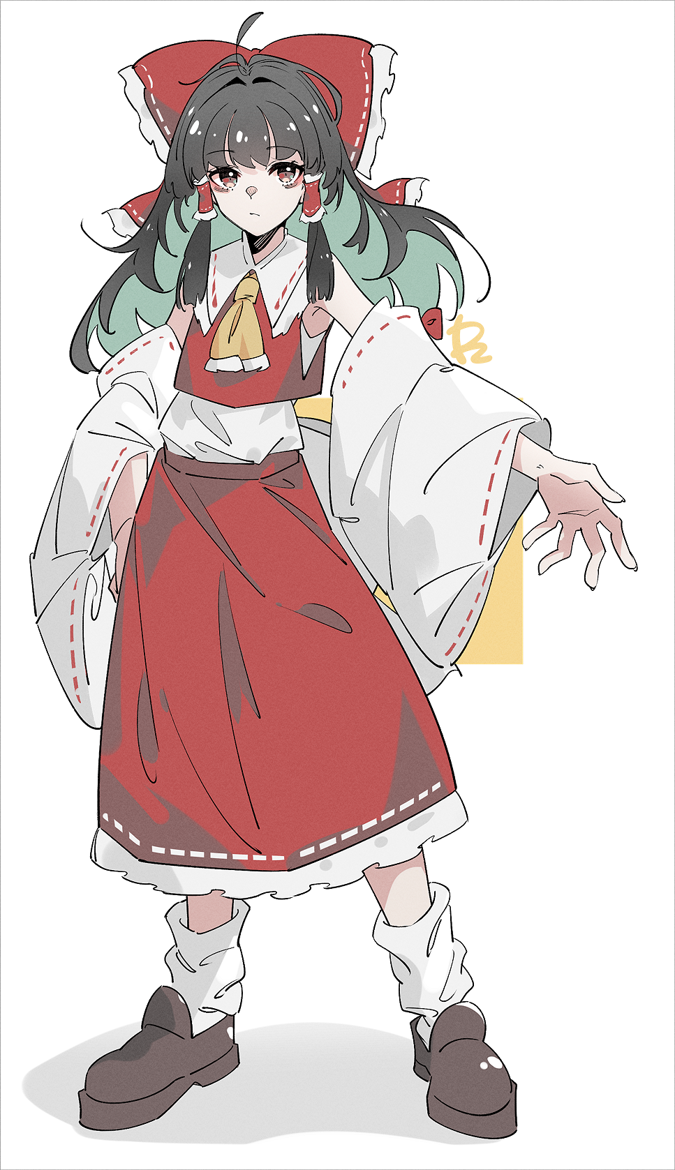 o (crazyoton46), hakurei reimu, touhou, commentary, highres, 1girl, ascot, bow, brown eyes, brown hair, brown shoes, closed mouth, colored inner hair, detached sleeves, frilled bow, frilled hair tubes, frills, full body, green hair, hair bow, hair ribbon, hair tubes, long hair, long skirt, looking at viewer, multicolored hair, outstretched arm, red bow, red shirt, red skirt, ribbon, ribbon-trimmed skirt, ribbon-trimmed sleeves, ribbon trim, shirt, shoes, skirt, skirt set, sleeveless, sleeveless shirt, socks, solo, standing, undershirt, white sleeves, white socks, wide sleeves, yellow ascot