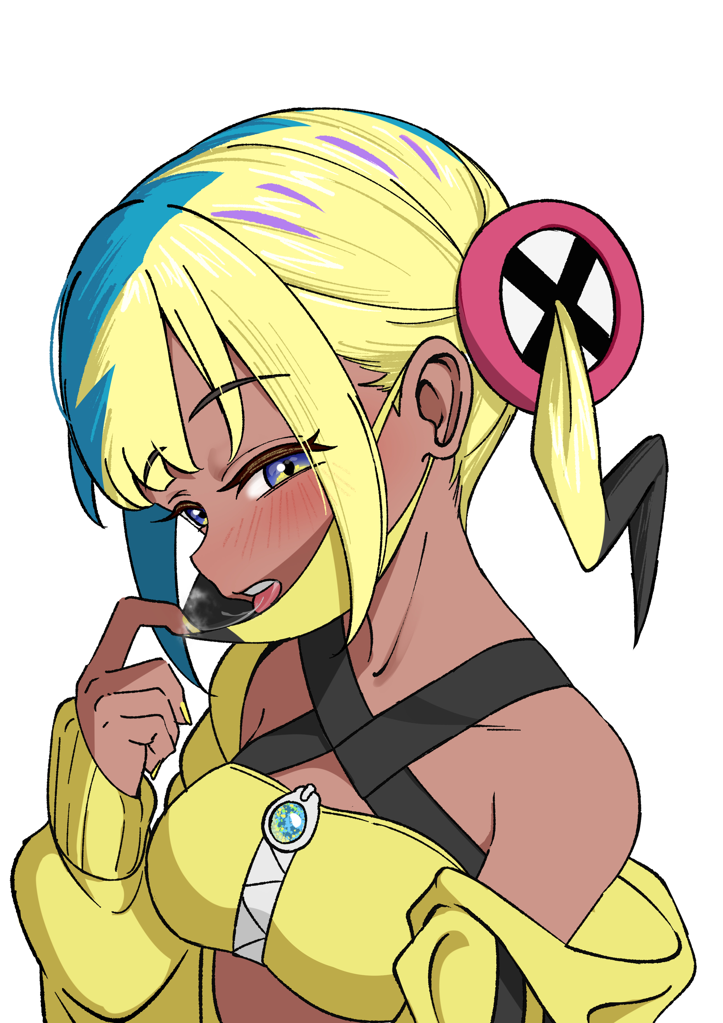 diuda, canari (pokemon), nintendo, pokemon, pokemon legends: z-a, absurdres, commentary request, highres, 1girl, bandeau, blue eyes, blush, breath, half-closed eyes, head tilt, jacket, long sleeves, mask, mask pull, mouth mask, multicolored hair, nail polish, off shoulder, open mouth, saliva, saliva trail, short twintails, simple background, solo, teeth, tongue, tongue out, twintails, upper body, upper teeth only, white background, yellow bandeau, yellow jacket, yellow nails, zipper, zipper pull tab