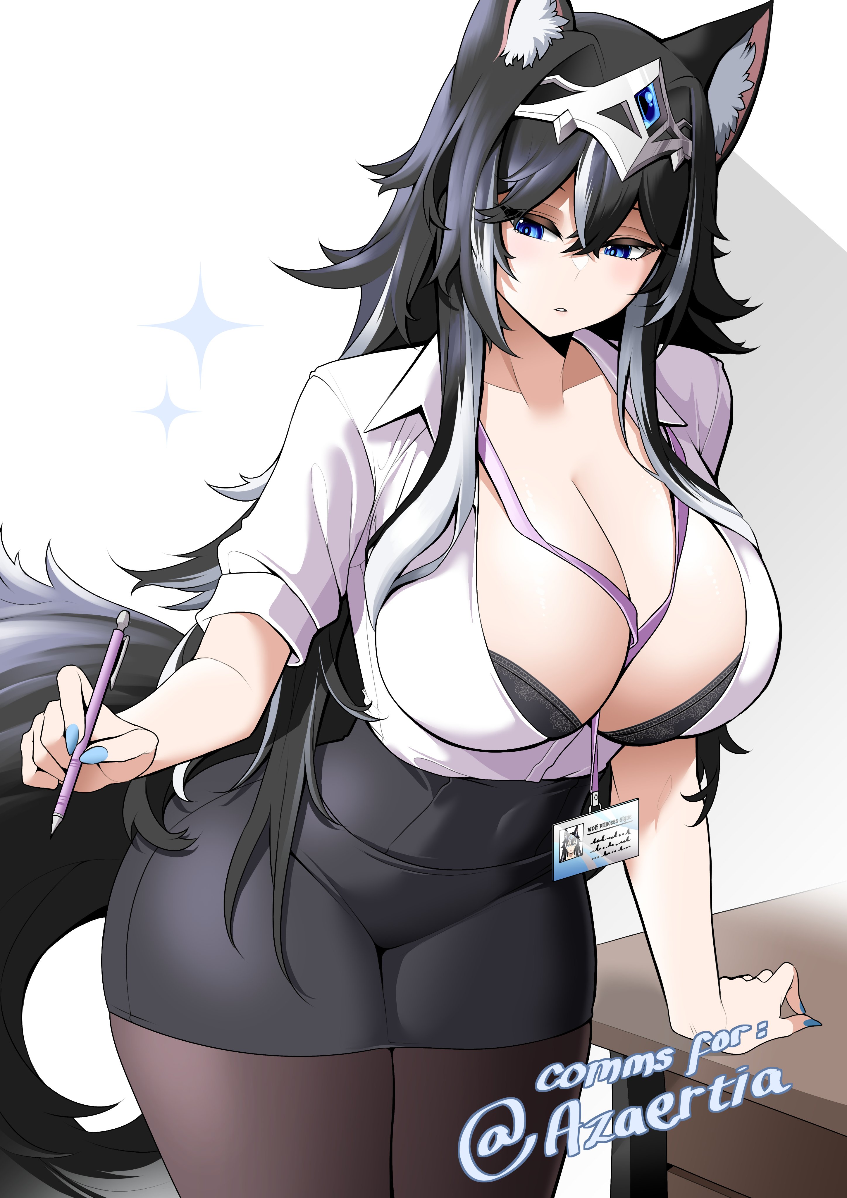 saltnvalk, original, absurdres, commentary, commission, english commentary, highres, 1girl, animal ear fluff, animal ears, between breasts, black bra, black hair, black skirt, black tail, blue eyes, blue gemstone, blue nails, bra, bra peek, breasts, brown pantyhose, cleavage, collared shirt, commissioner name, cowboy shot, crossed bangs, desk, dress shirt, gem, hair between eyes, hair intakes, hand on table, holding, holding pen, id card, lanyard, large breasts, long hair, looking down, miniskirt, multicolored hair, office lady, pantyhose, parted lips, pen, shirt, signe brachirsdottr (azaertia), silver tiara, skirt, solo, sparkle, standing, streaked hair, tail, tiara, underwear, white hair, white shirt, wolf ears, wolf girl, wolf tail