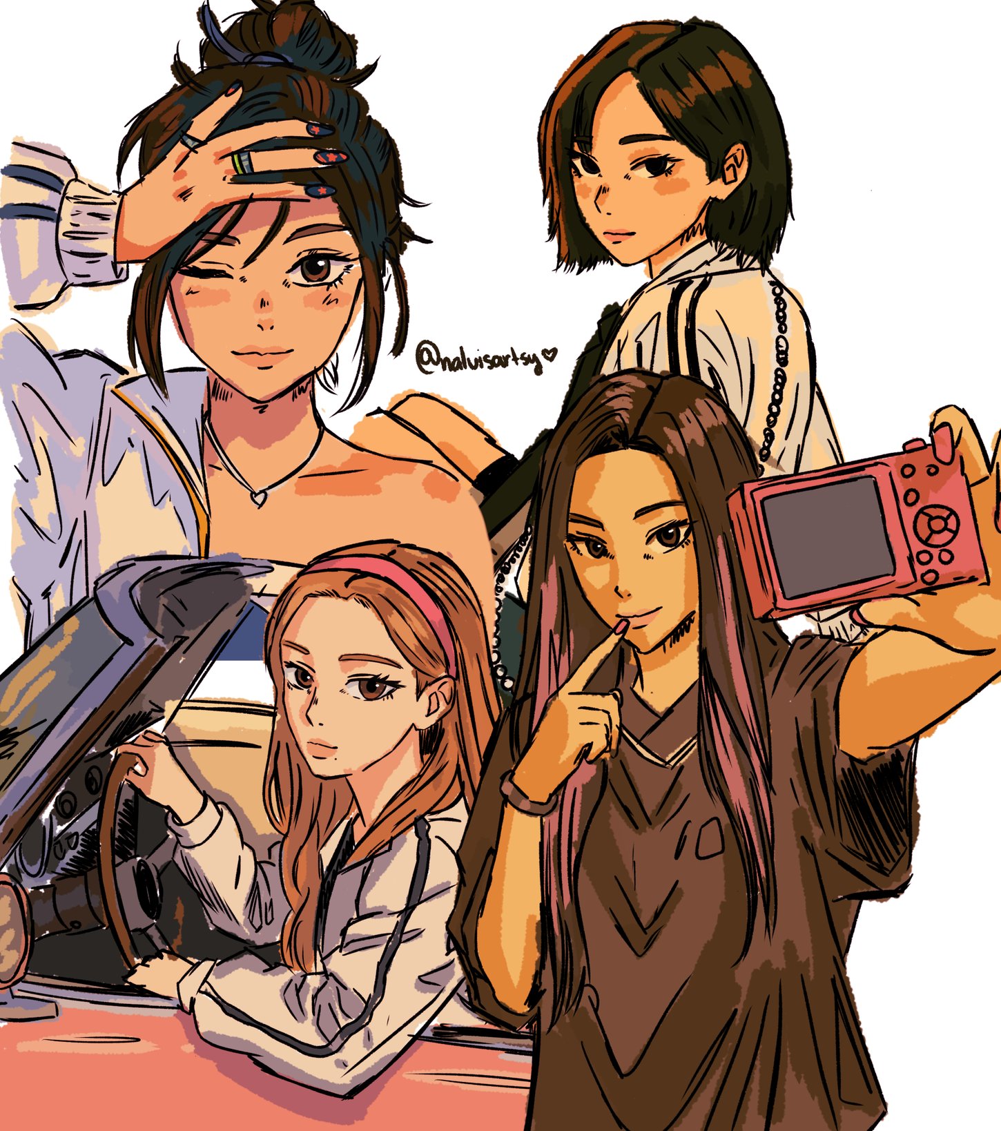 karina (aespa), aespa, real life, highres, 4girls, bracelet, brown hair, camera, car, giselle (aespa), hair behind ear, hair bun, heart pendant, holding, holding camera, jewelry, k-pop, long hair, looking at viewer, motor vehicle, multiple girls, naluisartsy, ningning (aespa), one eye closed, pink streaks, ring, short hair, simple background, sitting, smile, twitter username, white background, winter (aespa)