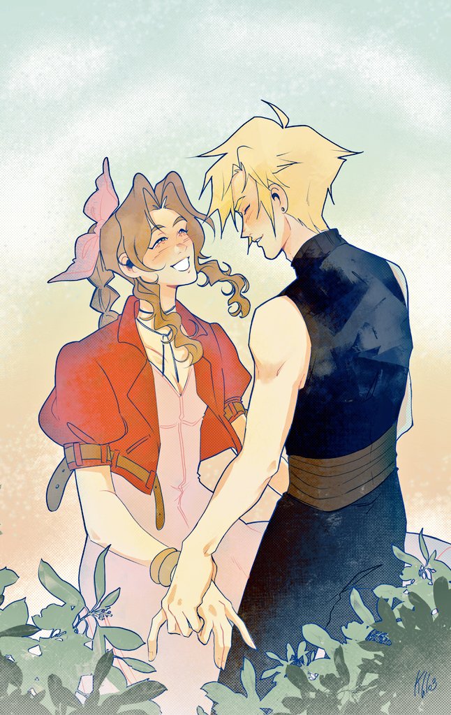 clily027, aerith gainsborough, cloud strife, final fantasy, final fantasy vii, final fantasy vii remake, 1boy, 1girl, bangle, bare shoulders, belt, blonde hair, blue pants, blue shirt, blush, bracelet, braid, braided ponytail, breasts, brown belt, brown hair, cleavage, closed eyes, couple, cropped jacket, dress, earrings, hair ribbon, half-closed eyes, hetero, holding hands, jacket, jewelry, long hair, medium breasts, pants, parted bangs, parted lips, pink dress, pink ribbon, puffy short sleeves, puffy sleeves, red jacket, ribbon, shirt, short hair, short sleeves, sidelocks, single braid, single earring, sleeveless, sleeveless shirt, smile, spiked hair, teeth