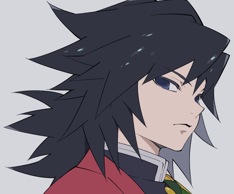 dodekai crape, tomioka giyuu, kimetsu no yaiba, 1boy, black eyes, black hair, black jacket, closed mouth, demon slayer uniform, gold buttons, grey background, hair between eyes, haori, jacket, japanese clothes, light frown, long hair, looking at viewer, male focus, print haori, red haori, solo, upper body