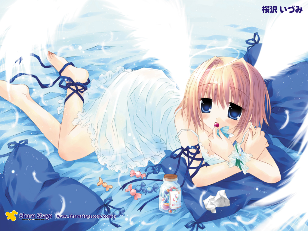 blue eyes, blush, brown hair, candy, lingerie, lying, ribbon, short hair, underwear