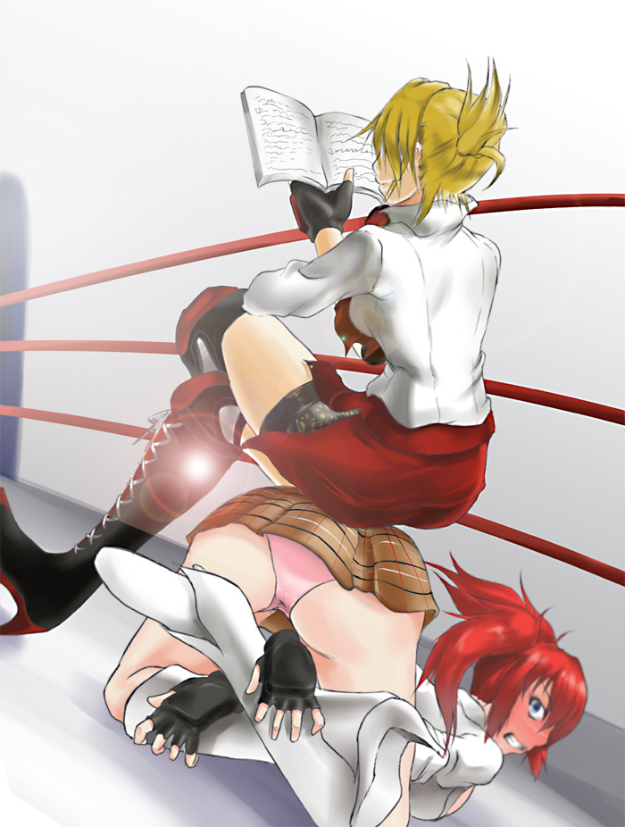 candy cane (rumble roses), miss spencer, rumble roses, tagme, 2girls, angry, blonde hair, blush, book, femdom, human furniture, humiliation, kneehighs, miniskirt, multiple girls, panties, pantyshot, pink panties, pleated skirt, red hair, sitting, sitting on person, skirt, socks, submission, underwear, upskirt, wrestling, wrestling ring