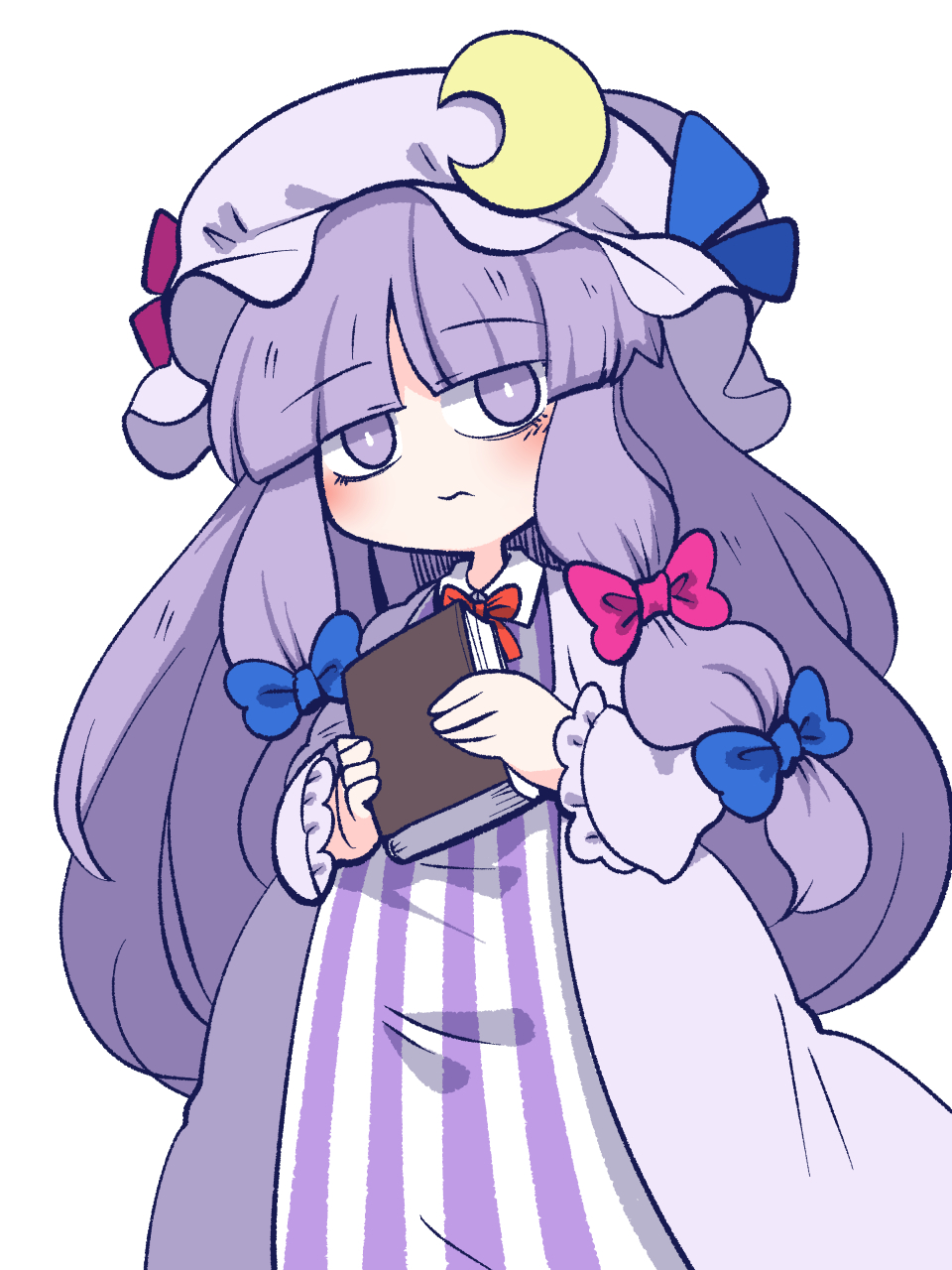 chahan (fried rice0614), patchouli knowledge, touhou, highres, 1girl, blue bow, blunt bangs, blush, book, bow, bright pupils, closed mouth, crescent, crescent pin, hair bow, hat, holding, holding book, long hair, long sleeves, looking at viewer, mob cap, purple eyes, purple hair, red bow, simple background, solo, white background, white pupils