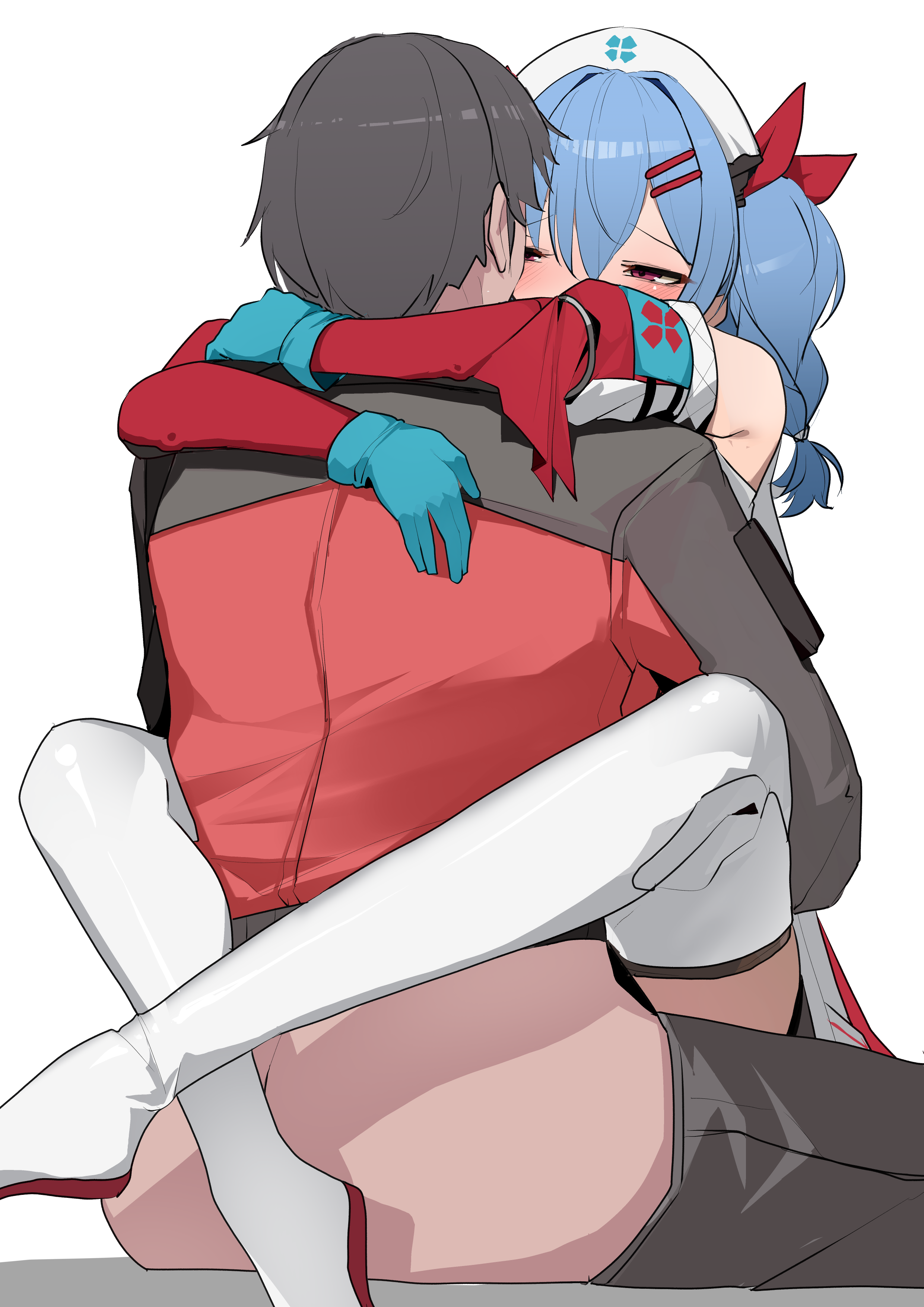 yanagui yugi, colphne (girls' frontline 2), colphne (silent heart) (girls' frontline 2), commander (girls' frontline), girls' frontline, girls' frontline 2: exilium, absurdres, commentary request, highres, 1boy, 1girl, black hair, blue gloves, blue hair, boots, detached sleeves, gloves, hair ribbon, hetero, hug, implied sex, jacket, leg lock, looking at another, medium hair, narrowed eyes, official alternate costume, red eyes, red jacket, red ribbon, ribbon, sex, short hair, simple background, sitting, straddling, thigh boots, twintails, white background, white boots