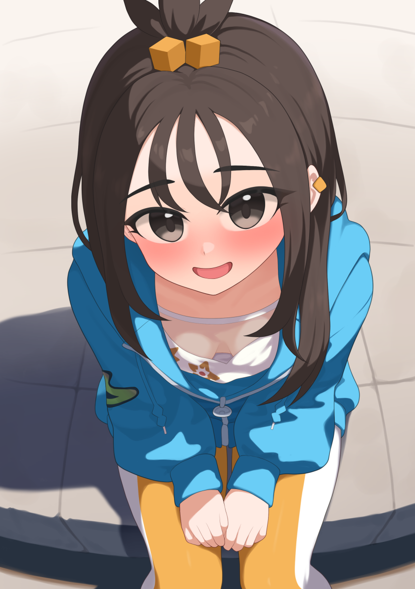 murasaki3, lida (pokemon), nintendo, pokemon, pokemon legends: z-a, commentary request, 1girl, :d, black hair, blue hoodie, blush, breasts, cube hair ornament, downblouse, earclip, from above, hair ornament, hood, hood down, hoodie, leggings, long hair, long sleeves, looking at viewer, looking up, open mouth, print shirt, shirt, sidelocks, sitting, smile, solo, topknot