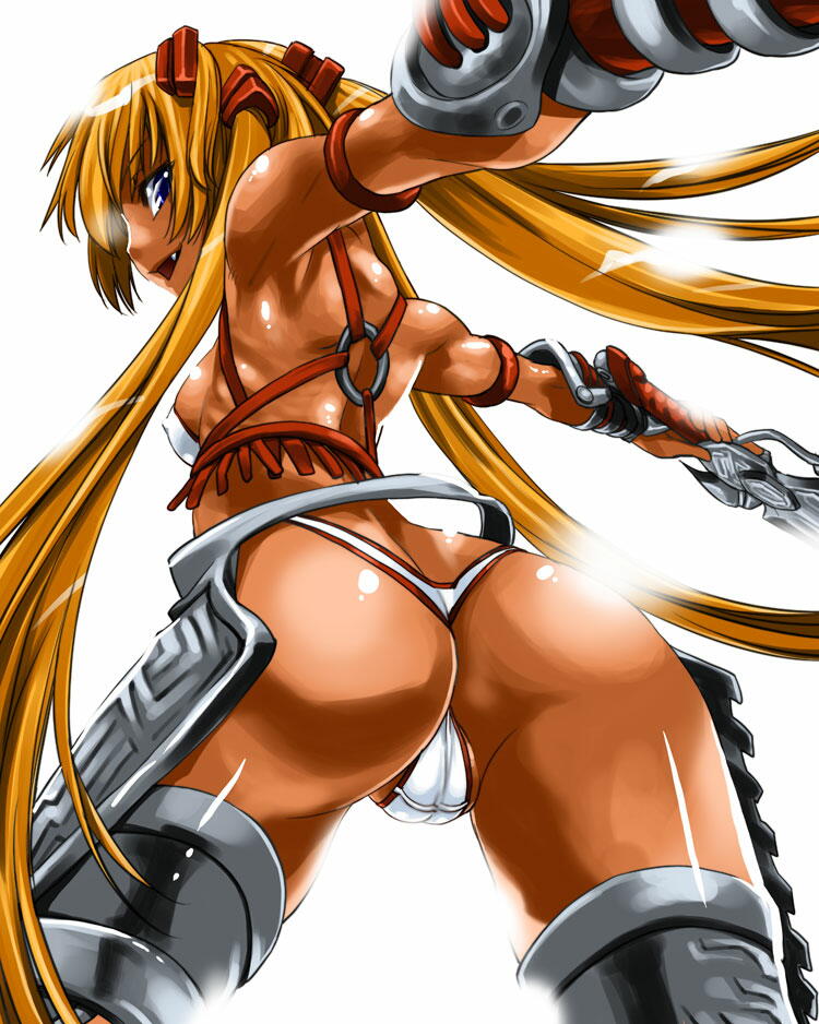 shinama, ayumi (x-blades), x-blades, jpeg artifacts, ass, back, blonde hair, butt crack, cameltoe, looking back, panties, solo, tan, thong, tri tails, underwear