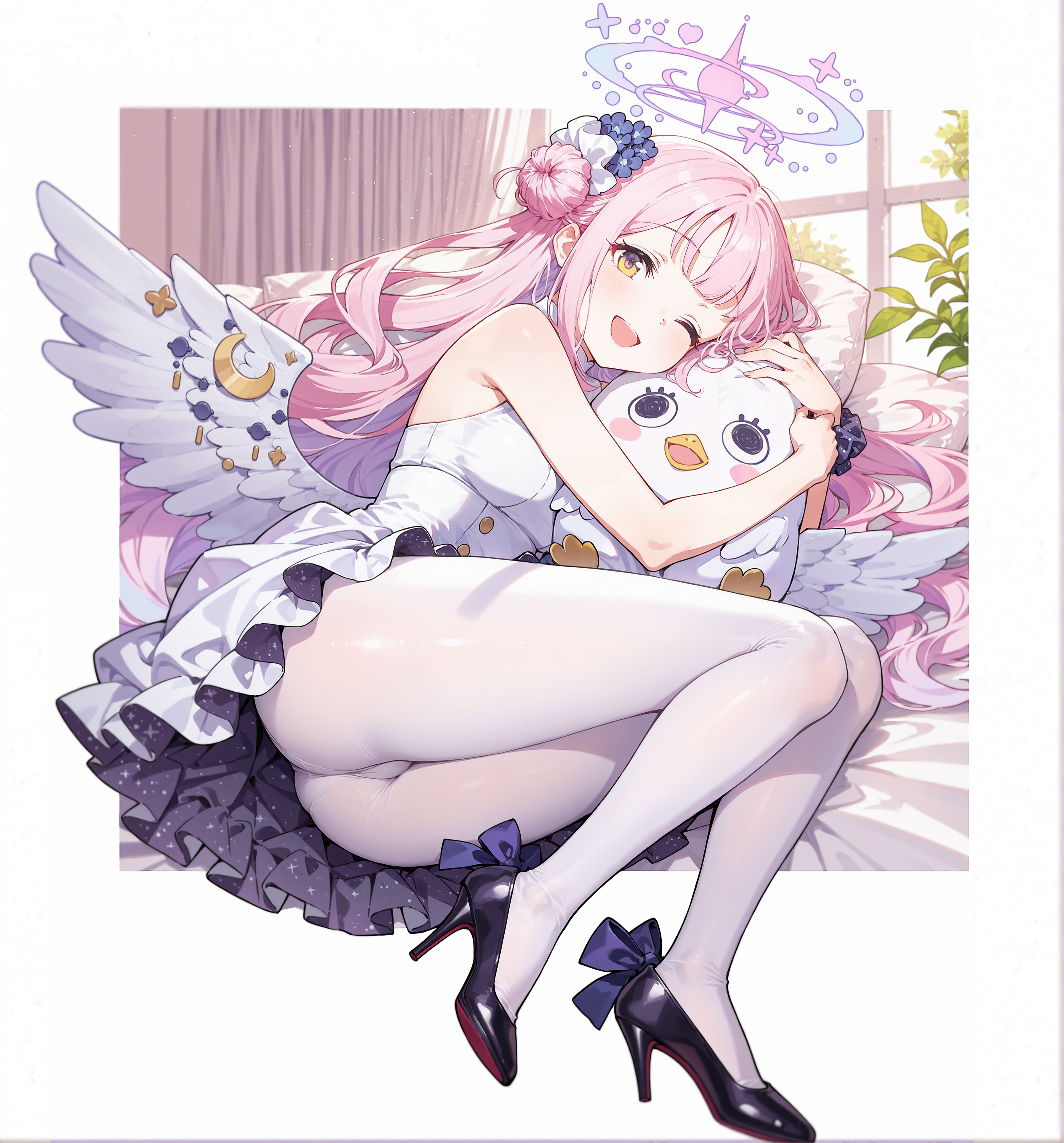 guyu (5445), mika (blue archive), peroro (blue archive), blue archive, absurdres, highres, 1girl, angel wings, ass, bare shoulders, bed sheet, black bow, black shoes, blush, bow, breasts, crescent, dress, feathered wings, fingernails, flower, footwear bow, hair bun, hair flower, hair ornament, hair ribbon, halo, high heels, hug, indoors, large breasts, long hair, looking at viewer, low wings, lying, on side, one eye closed, open mouth, pantyhose, pillow, pink hair, pink halo, plant, pumps, purple flower, ribbon, shoes, single side bun, smile, solo, starry sky print, teeth, thighs, underbust, upper teeth only, white background, white dress, white pantyhose, white ribbon, white wings, window, wings, yellow eyes
