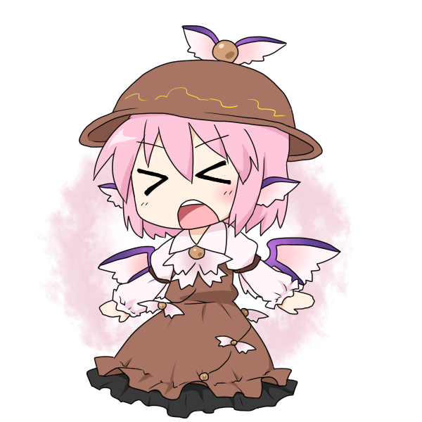 yamabuki (yusuraume), mystia lorelei, touhou, > <, 1girl, chibi, closed eyes, female focus, full body, hat, pink hair, solo, standing, white background, wings