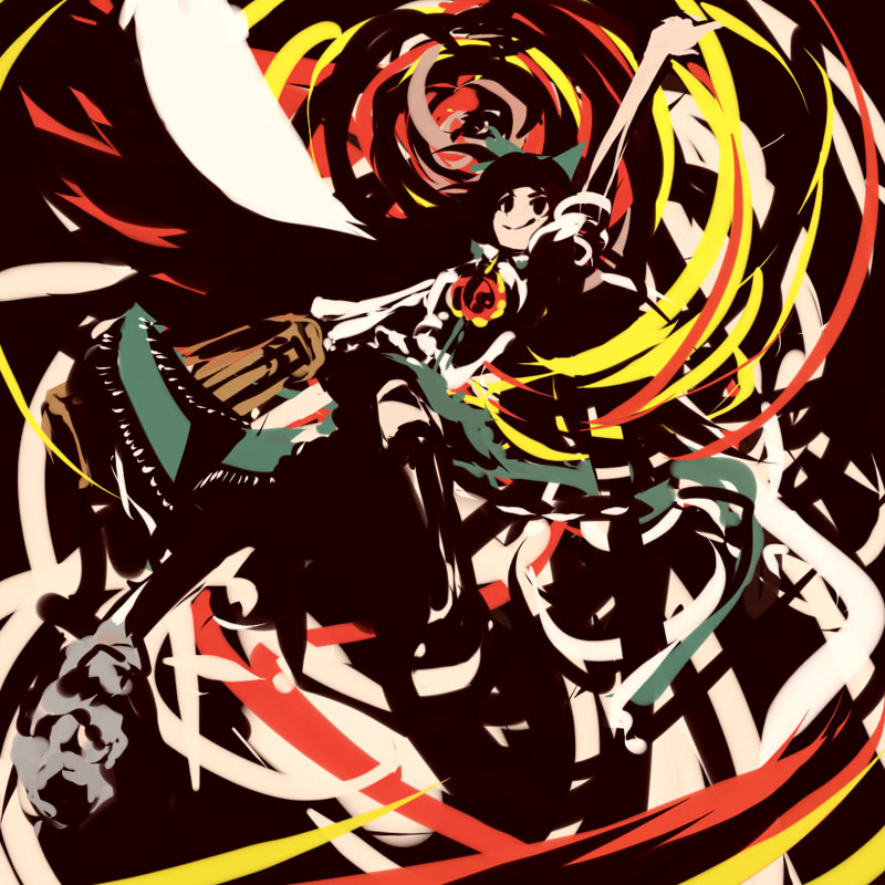 suisai (suisao), reiuji utsuho, touhou, 1girl, brown hair, female focus, fire, full body, long hair, skirt, solo, wings