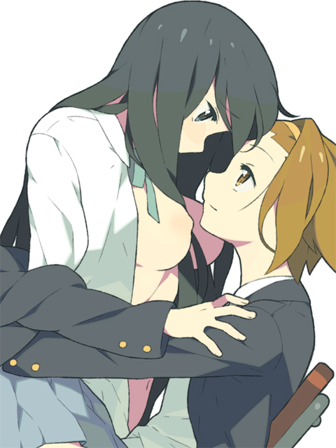 itsumo nokoru, akiyama mio, tainaka ritsu, k-on!, 00s, 2girls, black hair, breasts, brown hair, chair, eye contact, grey eyes, hairband, long hair, looking at another, multiple girls, navel, nipples, open clothes, open shirt, school uniform, shirt, short hair, tomboy, yuri