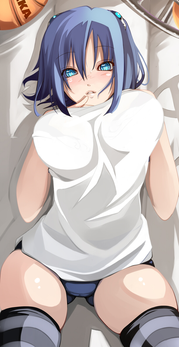 shiki (psychedelic g2), original, 1girl, aqua eyes, ball, basketball, basketball (object), blue eyes, blush, breasts, buruma, female focus, gym uniform, large breasts, lips, lying, on back, short hair, solo, striped clothes, striped thighhighs, sweatdrop, thighhighs