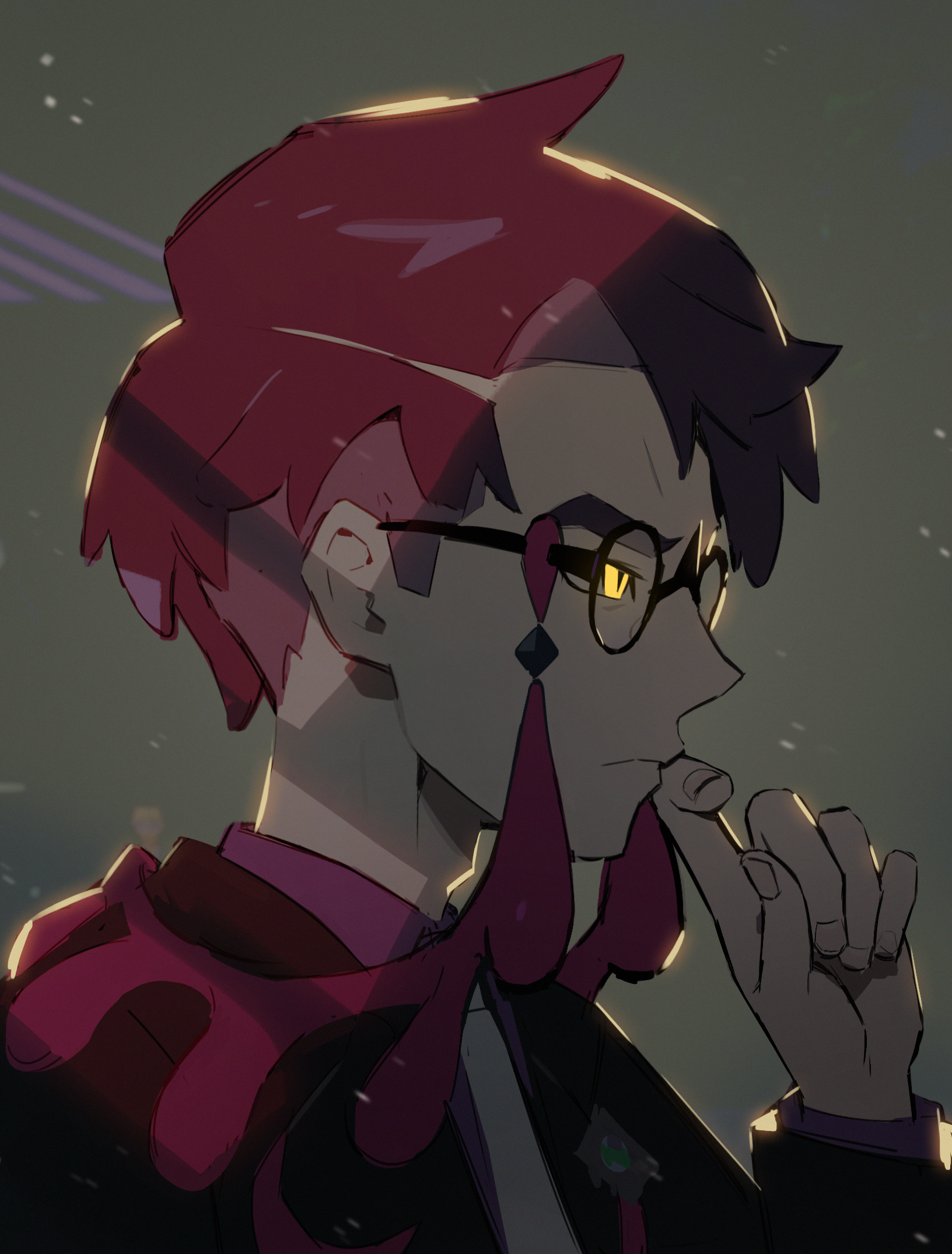 picklehaterx x, corbeau (pokemon), nintendo, pokemon, pokemon legends: z-a, commentary request, highres, revision, 1boy, black-framed eyewear, black jacket, closed mouth, collared shirt, dated commentary, from side, frown, glasses, glowing, glowing eyes, grey background, hand up, jacket, long sleeves, male focus, necktie, purple shirt, round eyewear, shirt, short hair, solo, upper body, white necktie, yellow eyes