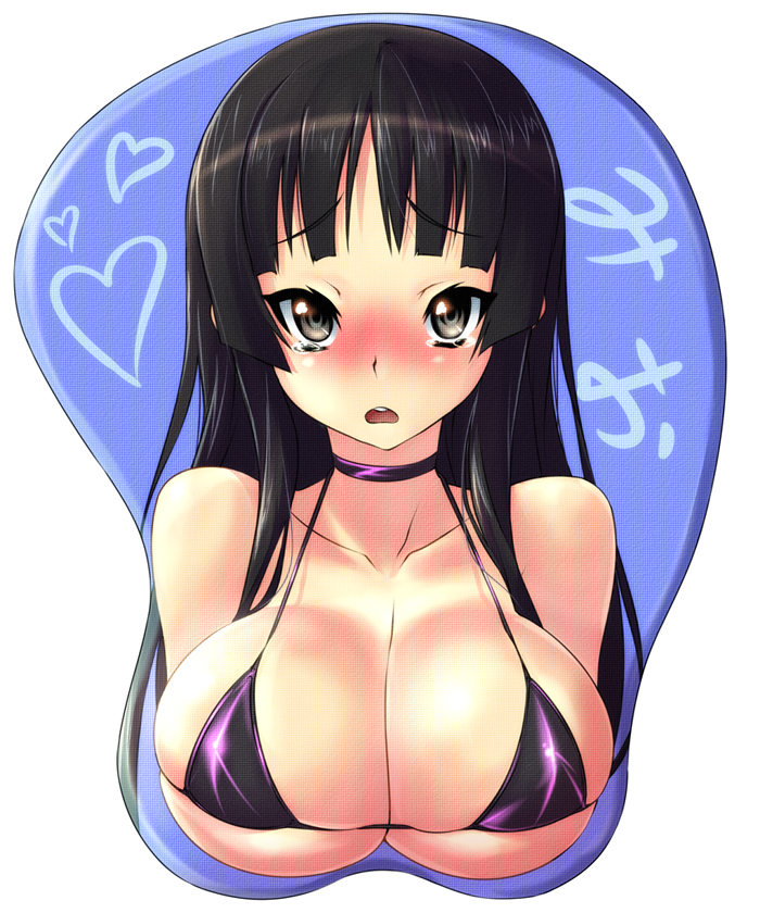 nekomamire, akiyama mio, k-on!, bad id, bad pixiv id, 00s, 1girl, bikini, black hair, blunt bangs, blush, breast mousepad, breasts, choker, cleavage, deep skin, female focus, hime cut, huge breasts, long hair, micro bikini, mousepad (medium), solo, swimsuit, tears, underboob