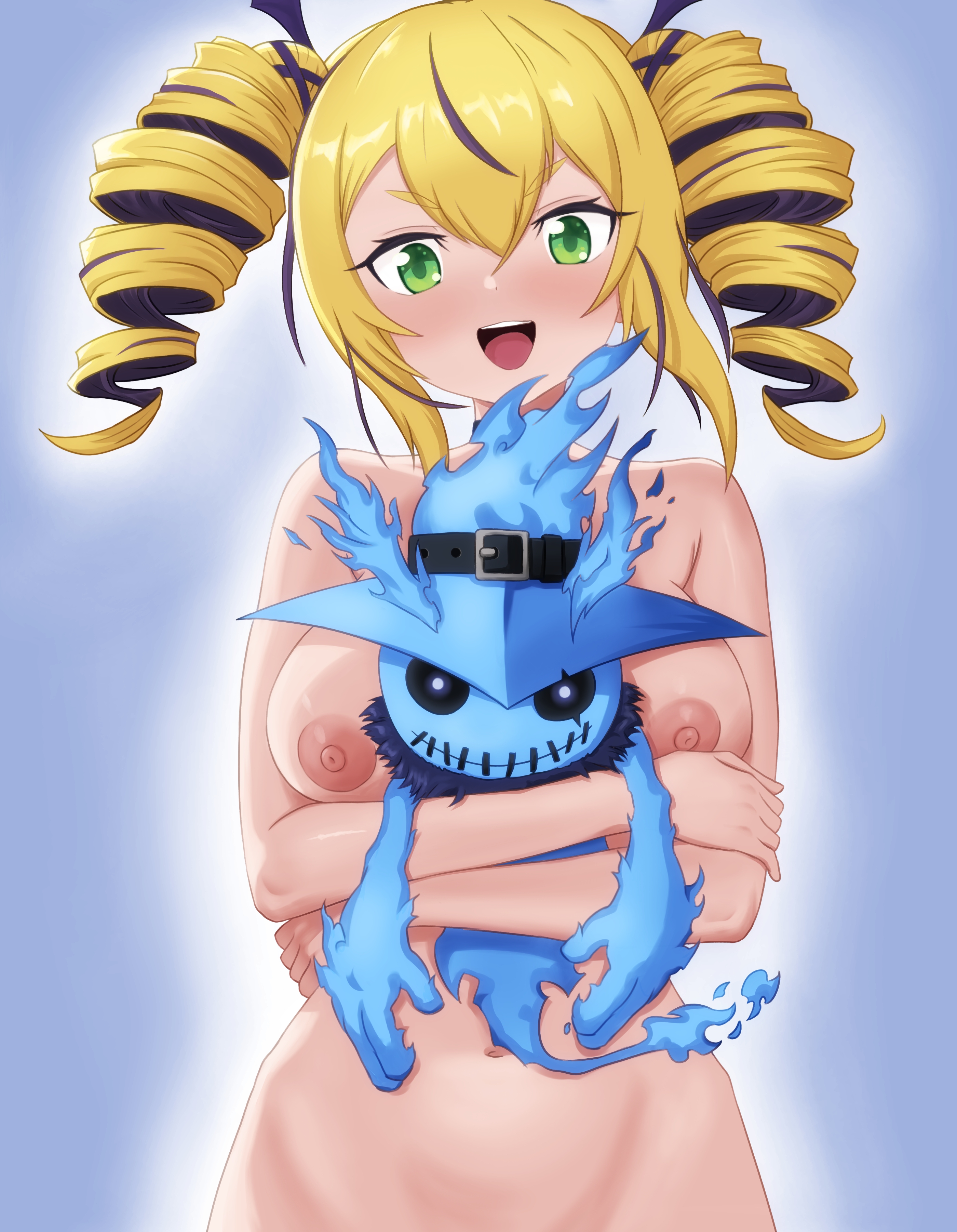 omeka gamma, ghostmon, violet inboots, digimon, digimon card game, digimon liberator, absurdres, highres, 1girl, blonde hair, blue background, blush, breasts, carrying, completely nude, cowboy shot, digimon (creature), drill hair, large breasts, multicolored hair, nipples, nude, purple hair, simple background, streaked hair, twin drills, two-tone hair