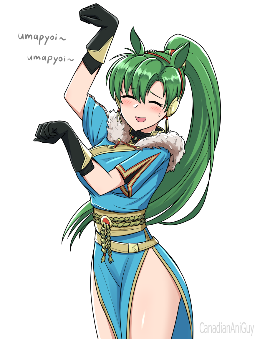 canadiananiguy, lyn (fire emblem), lyn (plains wind) (fire emblem), fire emblem, fire emblem: the blazing blade, fire emblem shadows, nintendo, umamusume, 1girl, animal ears, arm up, artist name, black gloves, blue dress, blush, breasts, closed eyes, dress, gloves, green hair, hand up, high ponytail, horse ears, horse pose, long hair, medium breasts, ponytail, simple background, smile, solo, sweatdrop, thighs, umapyoi (phrase), white background