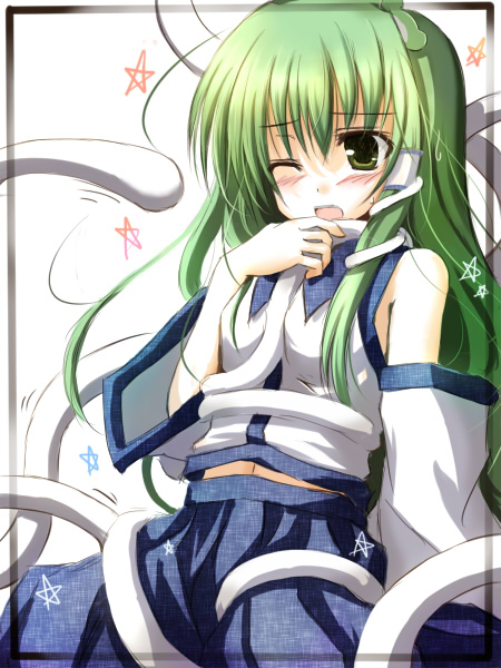 mashayuki, kochiya sanae, touhou, 1girl, blush, detached sleeves, female focus, green hair, navel, skirt, solo, tentacles, white background, wings, wink