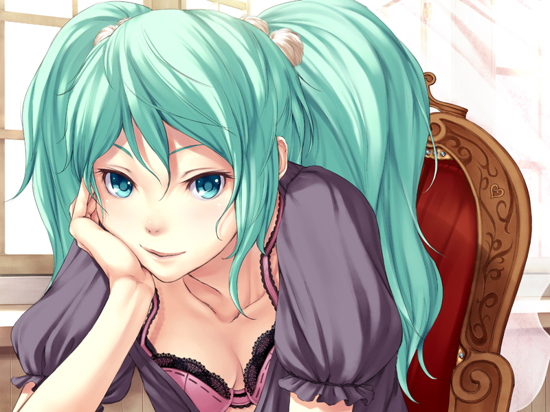 f-cla, hatsune miku, vocaloid, bad id, bad pixiv id, 1girl, aqua eyes, aqua hair, bra, breasts, chair, cleavage, collarbone, downblouse, female focus, head rest, lingerie, long hair, solo, twintails, underwear, very long hair