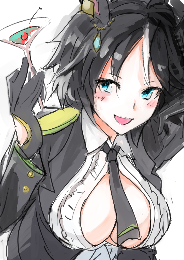 sinzan, fuji kiseki (shooting star revue) (umamusume), fuji kiseki (umamusume), umamusume, 1girl, animal ears, arm up, black hair, black jacket, black necktie, blush, breasts, center frills, center opening, cherry, collared shirt, cup, drink, ear ornament, food, frilled shirt, frills, fruit, gloves, hand up, holding, holding cup, horse ears, jacket, jewelry, large breasts, leaning forward, long sleeves, looking at viewer, multicolored hair, necktie, open clothes, open jacket, shirt, sketch, smile, solo, two-tone hair, upper body, white hair, white shirt, wing collar