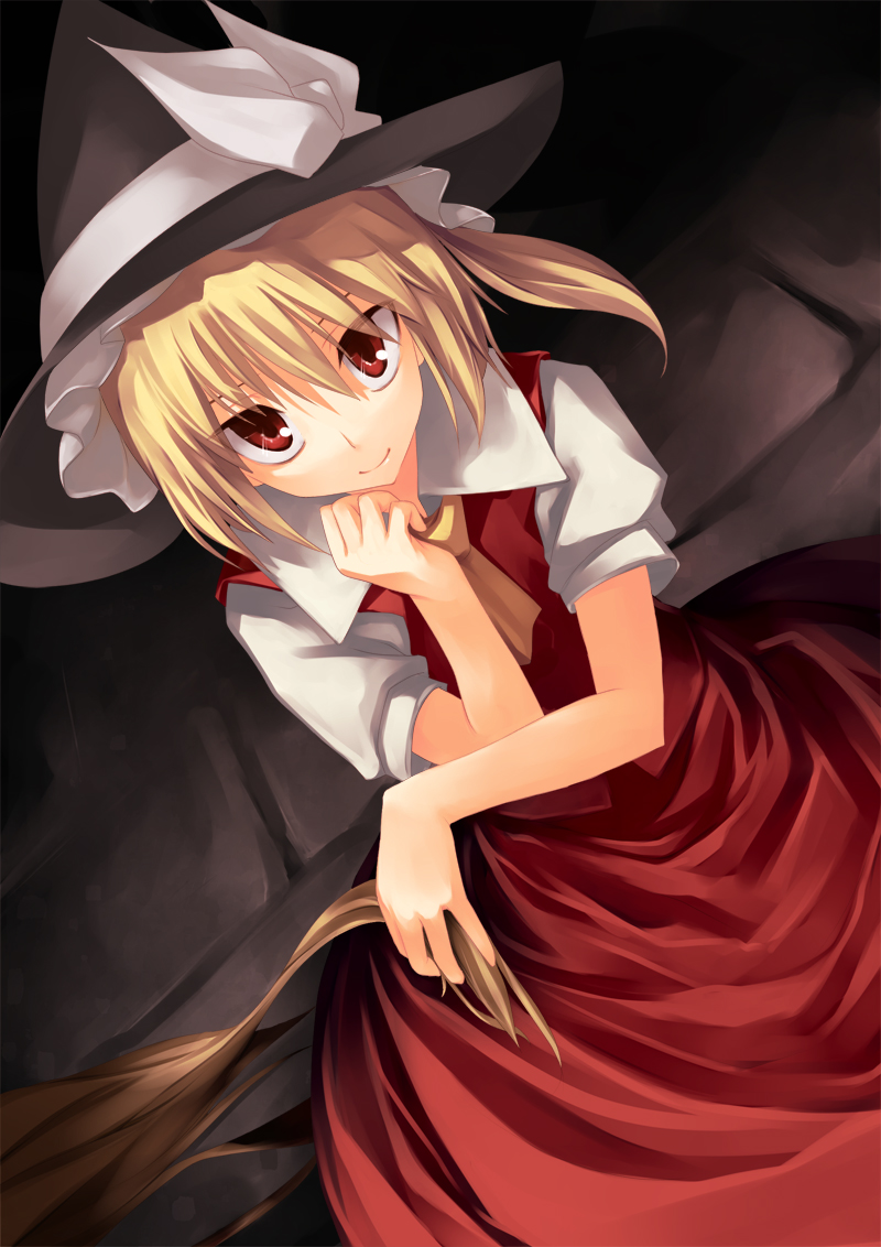 pino (birthdayparty), pino (pixiv), flandre scarlet, kirisame marisa, touhou, 2girls, blonde hair, borrowed clothes, female focus, hat, headwear switch, multiple girls, red eyes, short hair, witch, witch hat