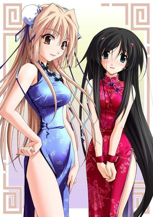 2girls, black hair, blonde hair, blush, china dress, chinese clothes, dress, green eyes, hand on own hip, hip focus, long hair, multiple girls, thighhighs