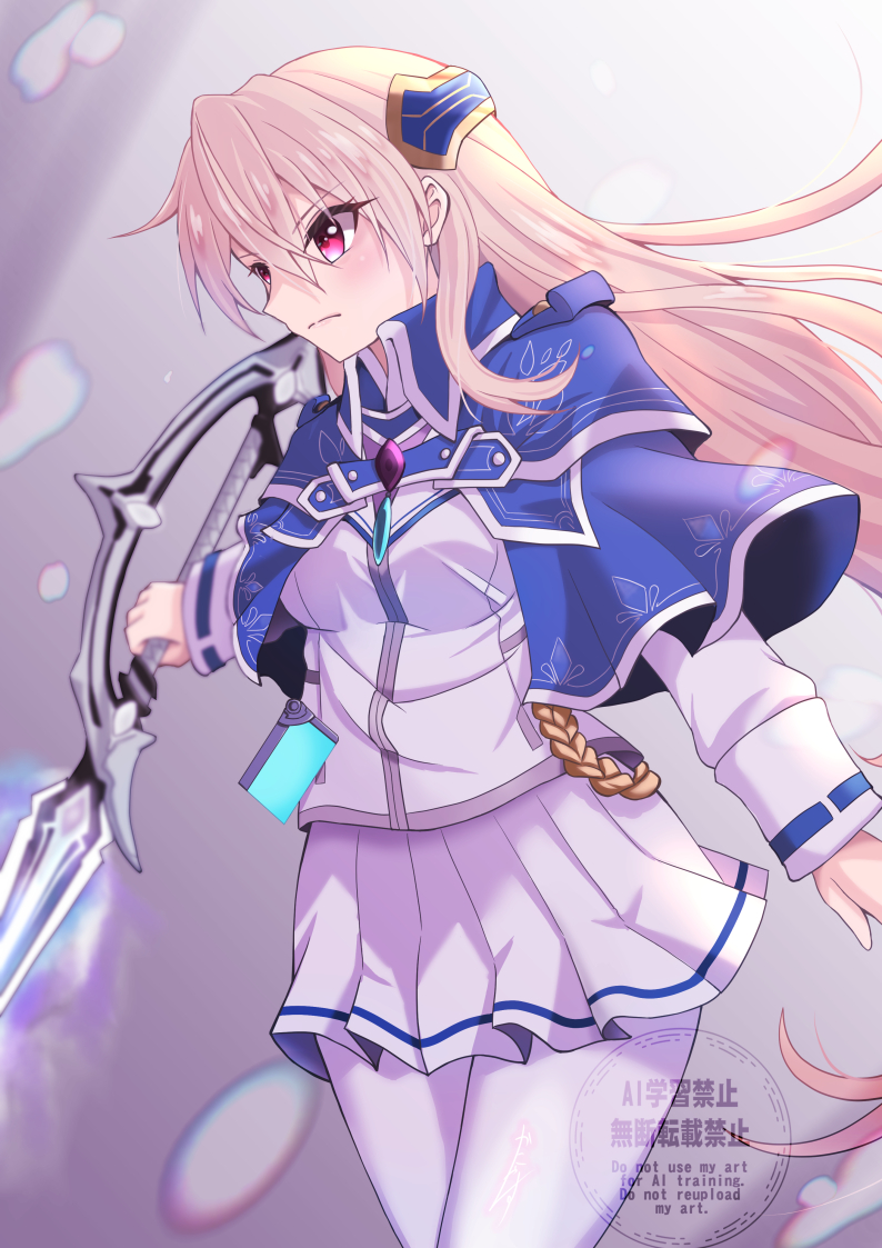 kanyasu, shirakawa yuina, heaven burns red, 1girl, blonde hair, blue capelet, breasts, capelet, closed mouth, cowboy shot, frown, hair between eyes, hair ornament, holding, holding sword, holding weapon, jacket, long hair, long sleeves, miniskirt, pantyhose, pleated skirt, red eyes, school uniform, shirt, skirt, solo, sword, very long hair, weapon, white jacket, white pantyhose, white skirt
